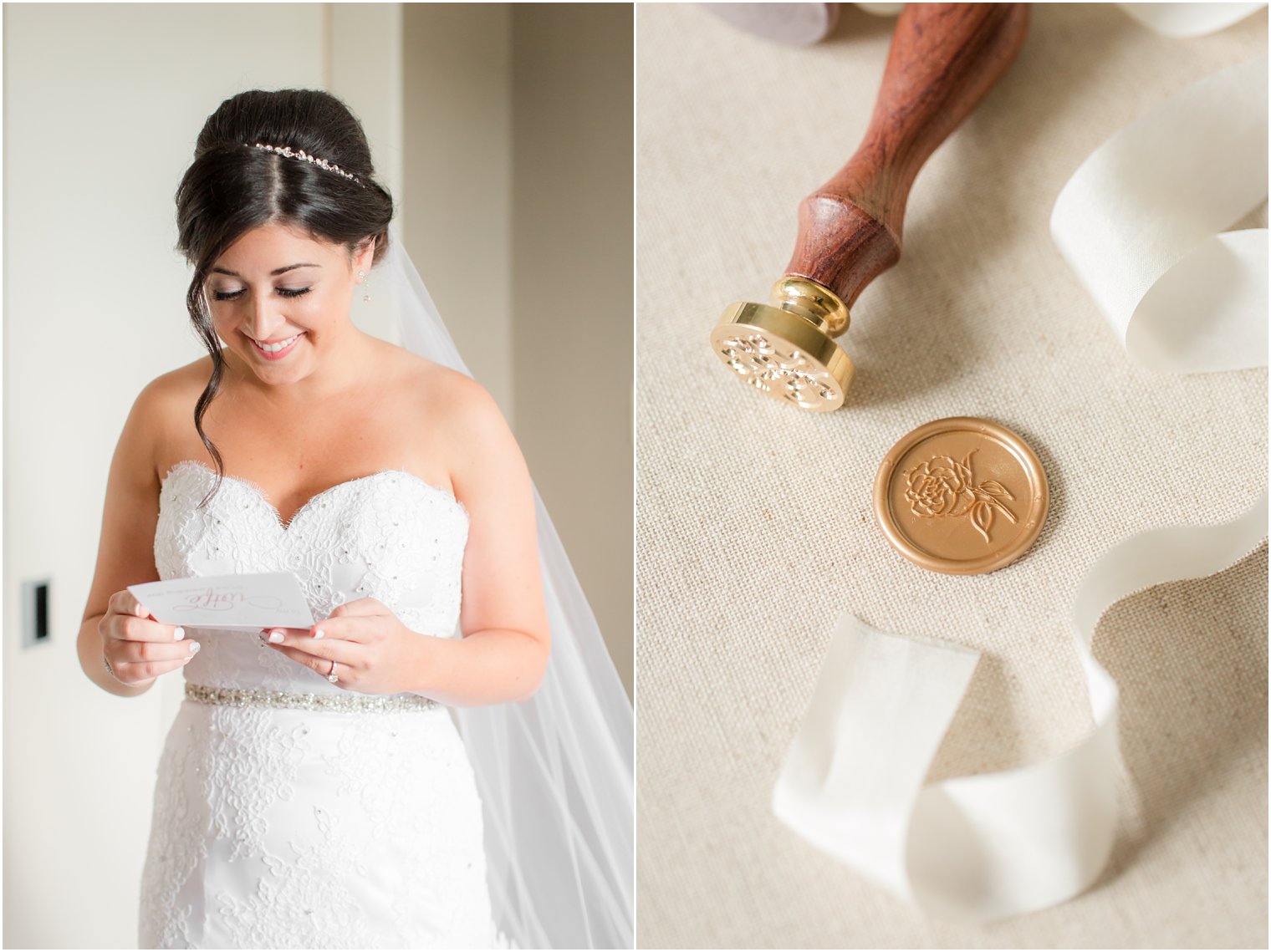 bride opens letter from groom alongside gold wax seal photographed by Idalia Photography