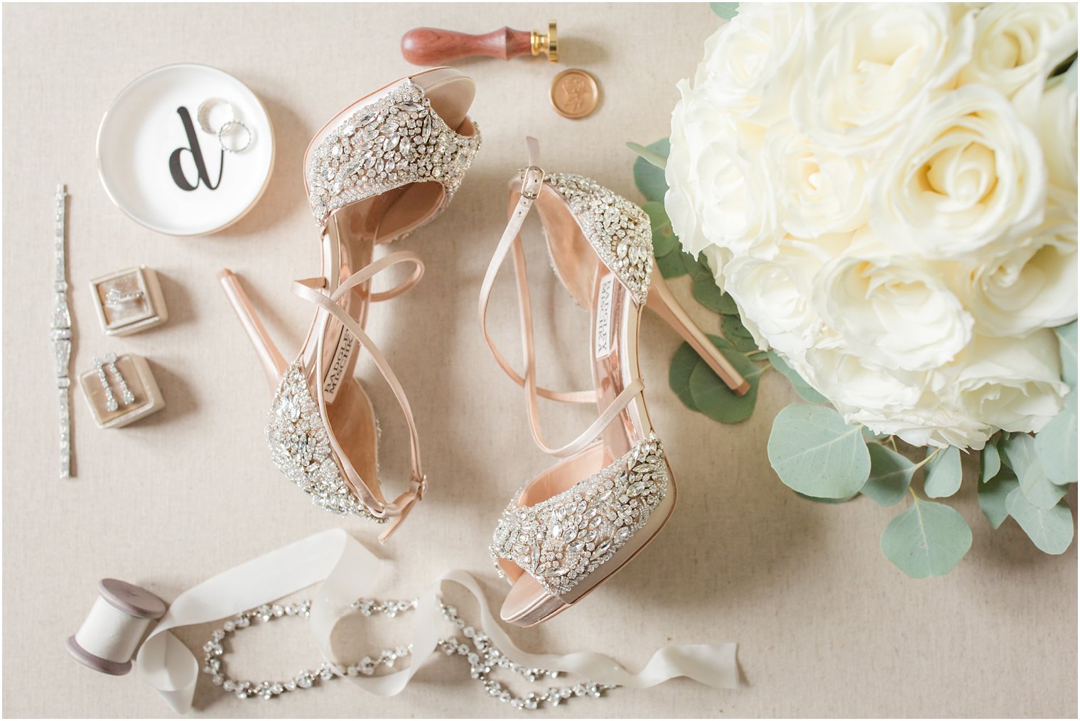 blush jeweled Badgley Mischka heels for classic wedding day at Park Savoy Estate 