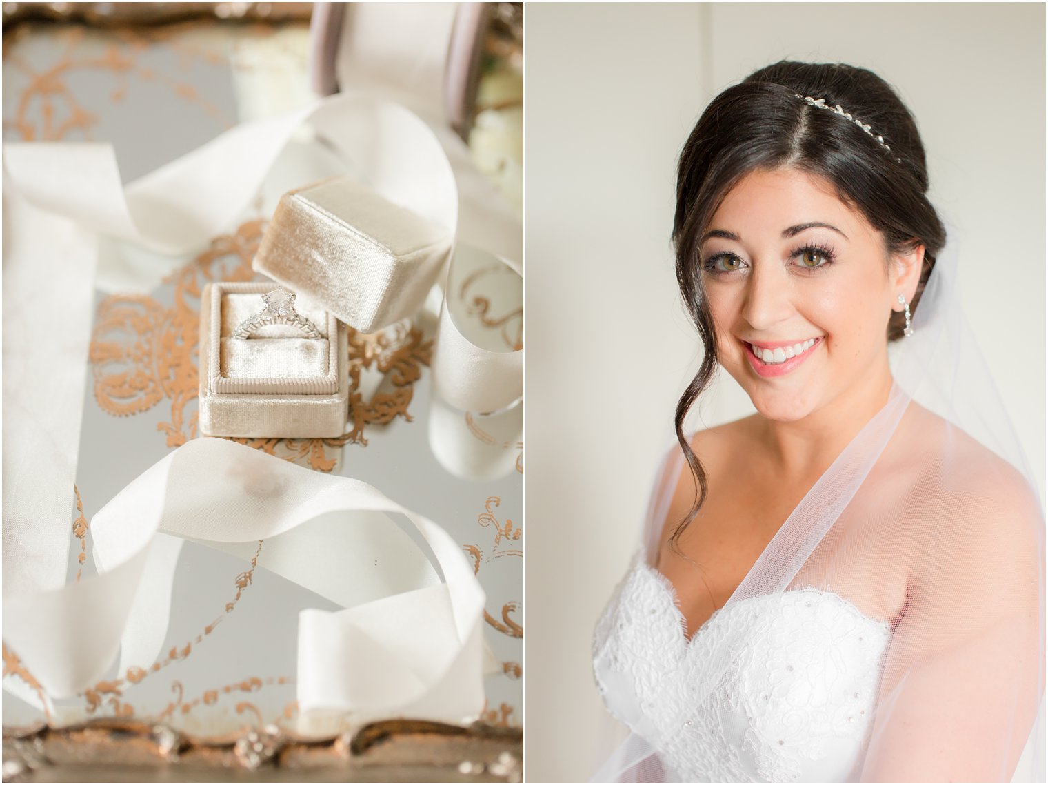 engagement ring next to classic bridal portrait of bride with dress and veil by Idalia Photography