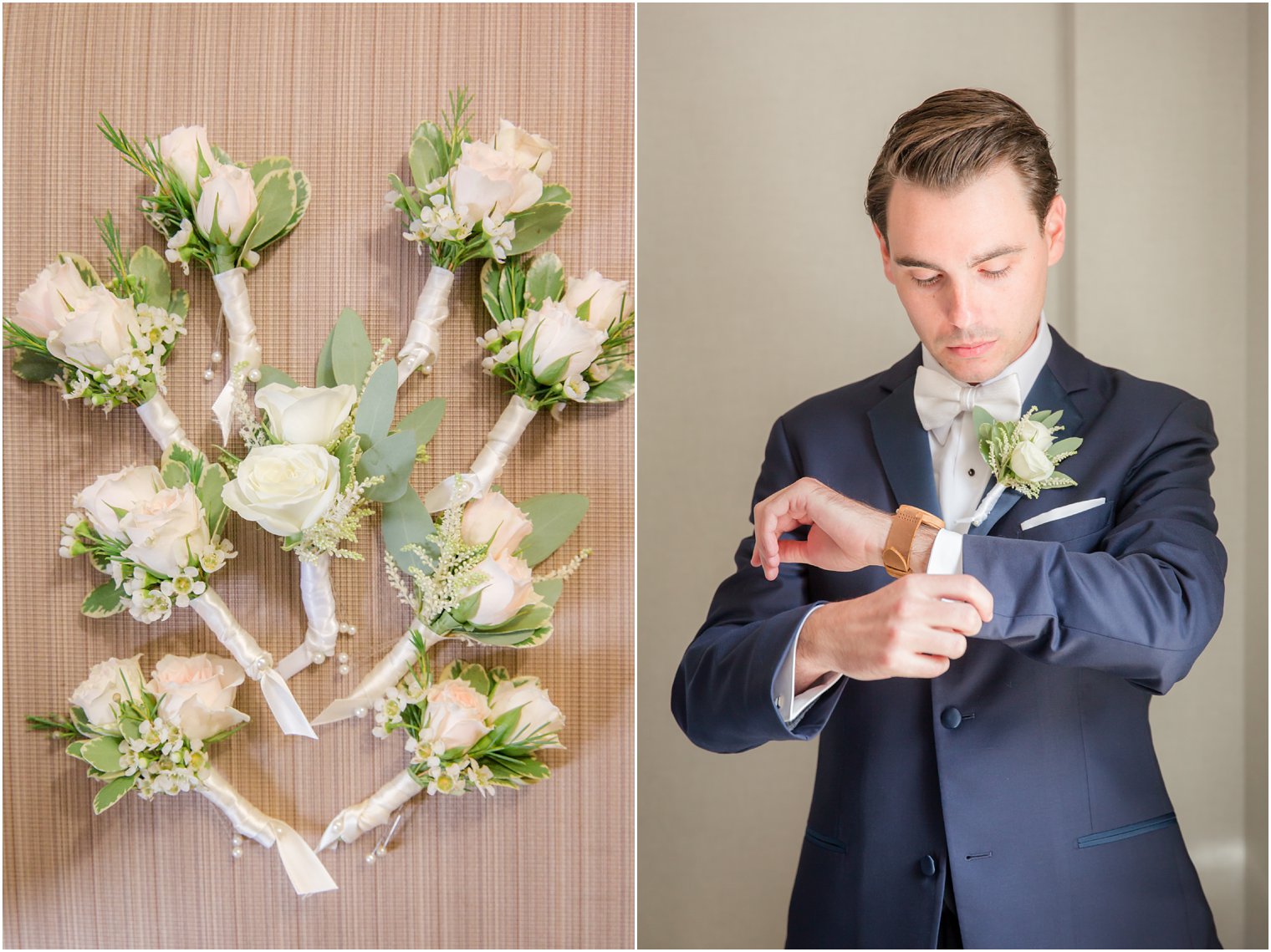 ivory rose boutonnières by Crest Florist and groom adjusting navy suit jacket photographed by Idalia Photography