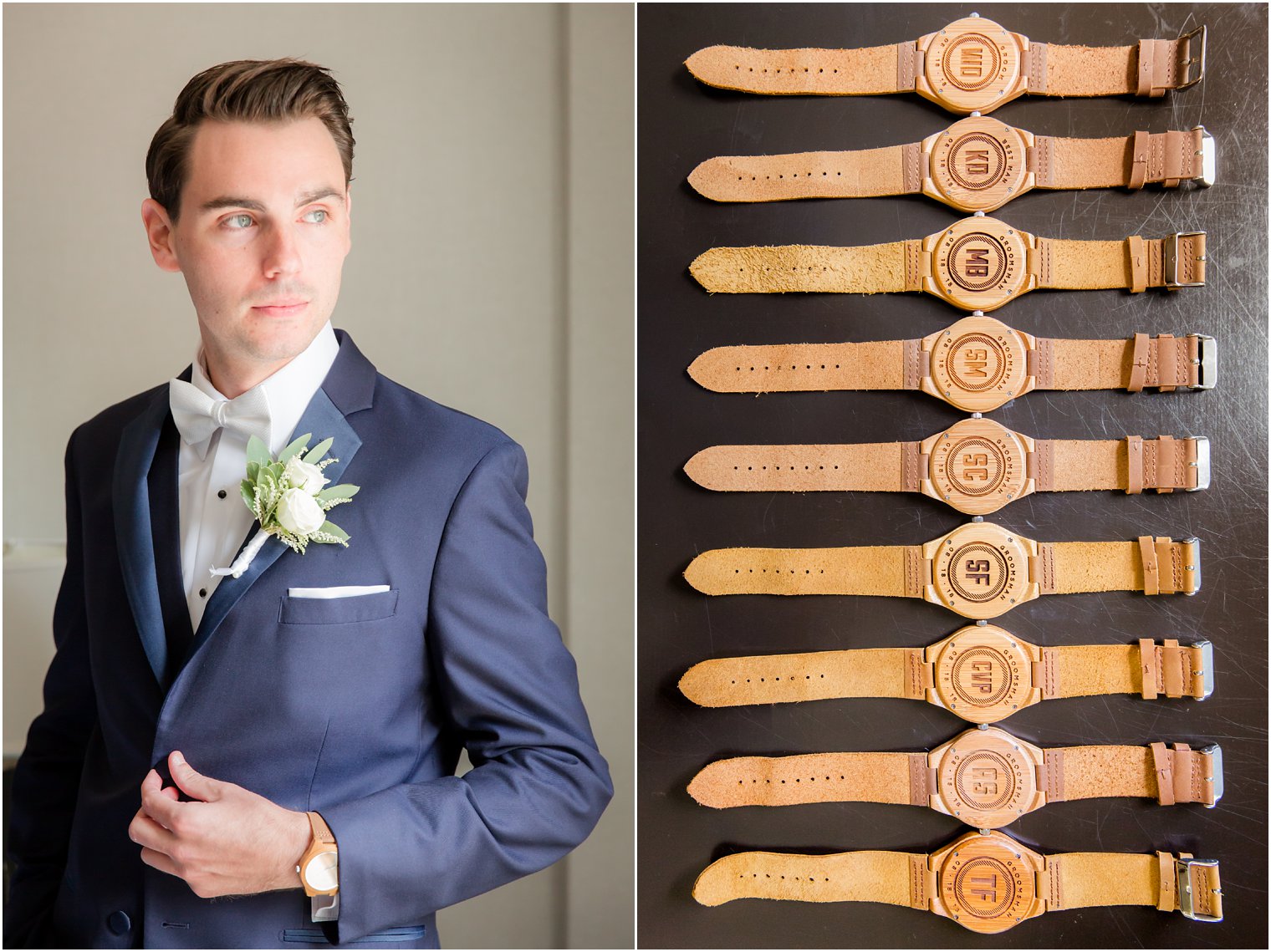 Classic groom portrait in navy blue suit jacket next to custom wooden watches for groomsmen