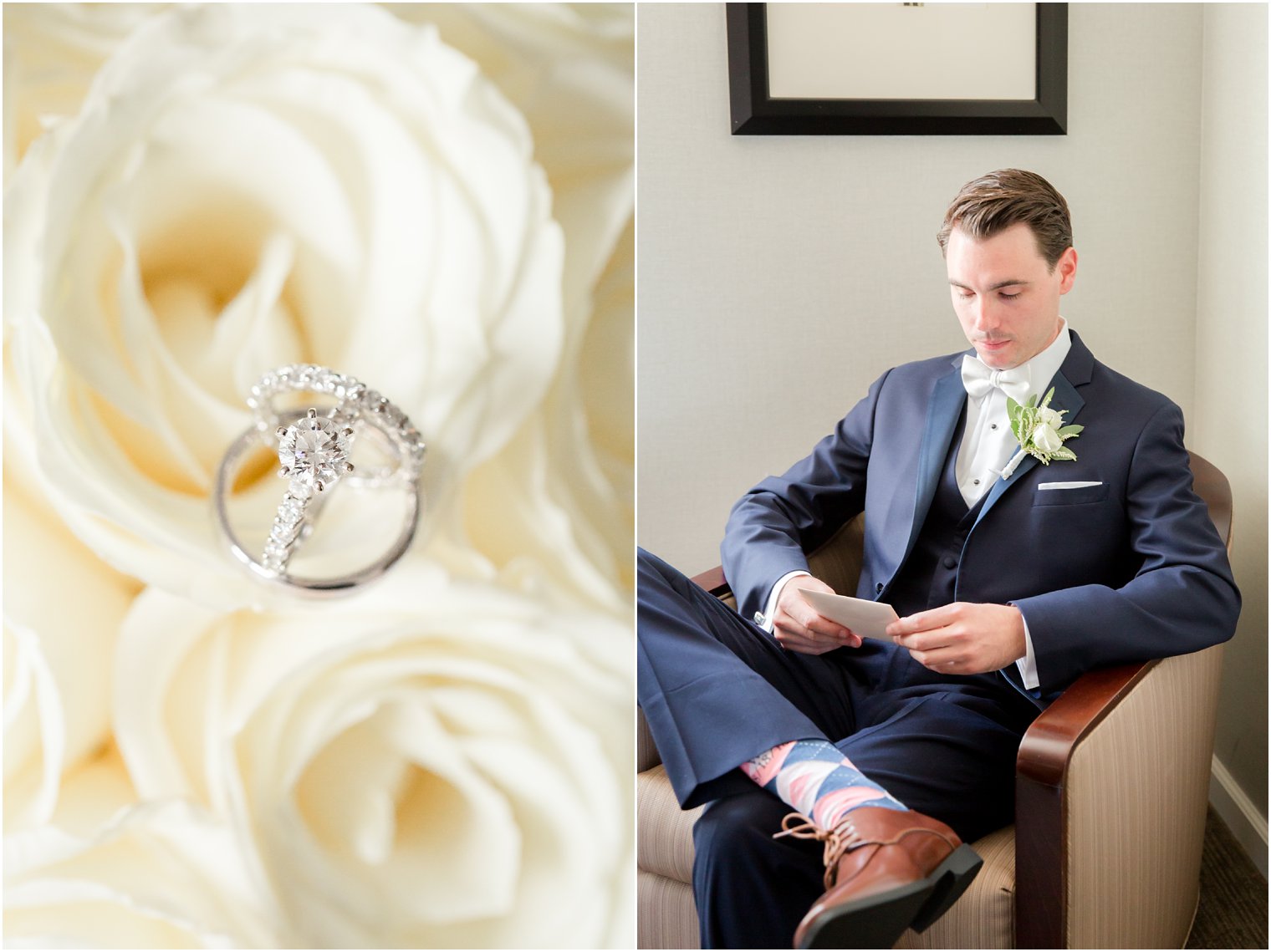 wedding bands on ivory rose while groom reads letter from bride on wedding day photographed by Idalia Photography