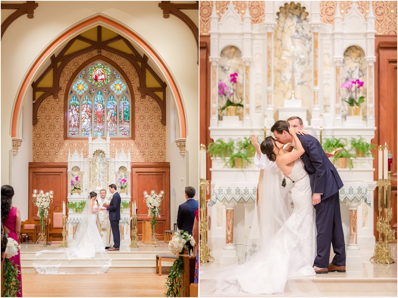 first kiss as husband and wife in NJ church photographed by Idalia Photography