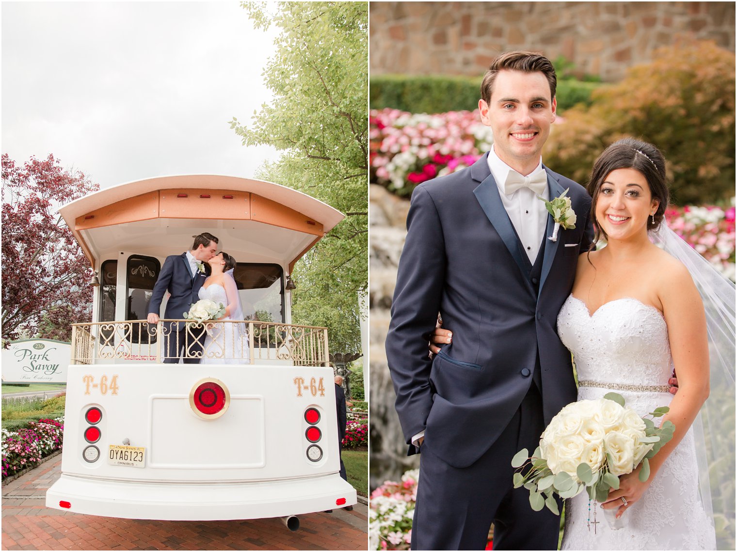 bride and groom kiss on trolley by Great American Trolley