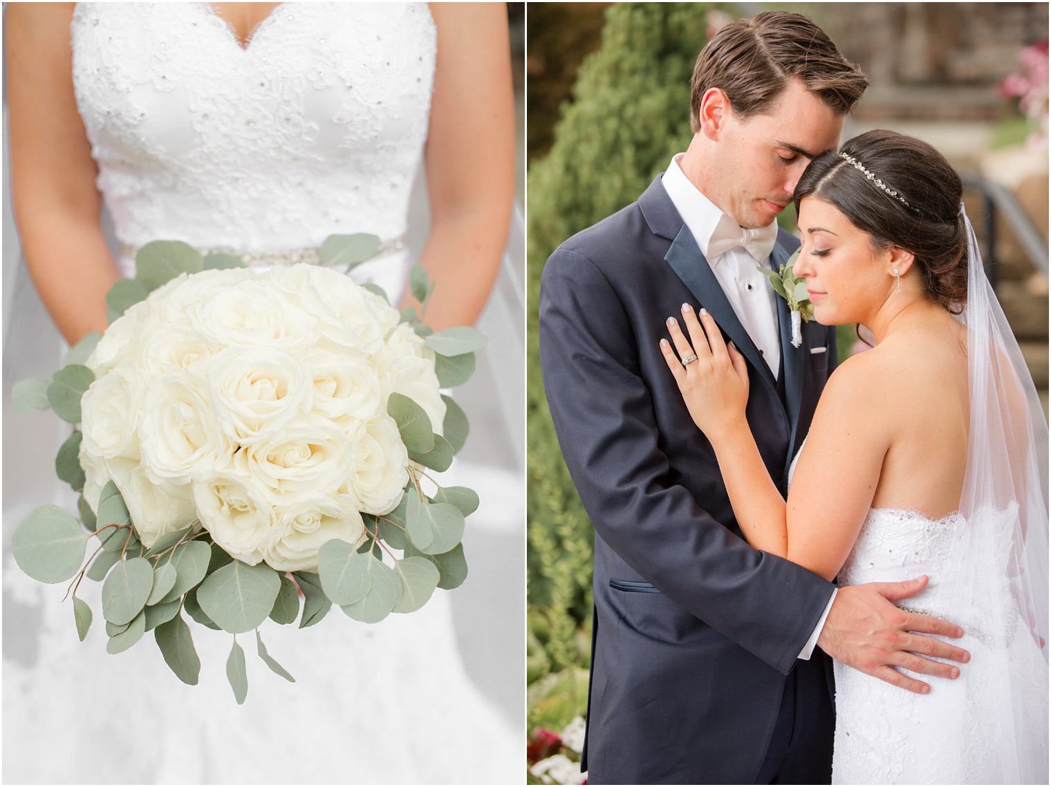 classic ivory rose bridal bouquet by Crest Florist and bride and groom pose at Park Savoy Estate 