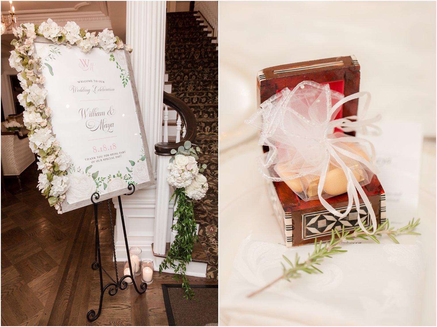 wedding sign with ivory florals by Crest Florist with wedding gifts in box at Park Savoy Estate 