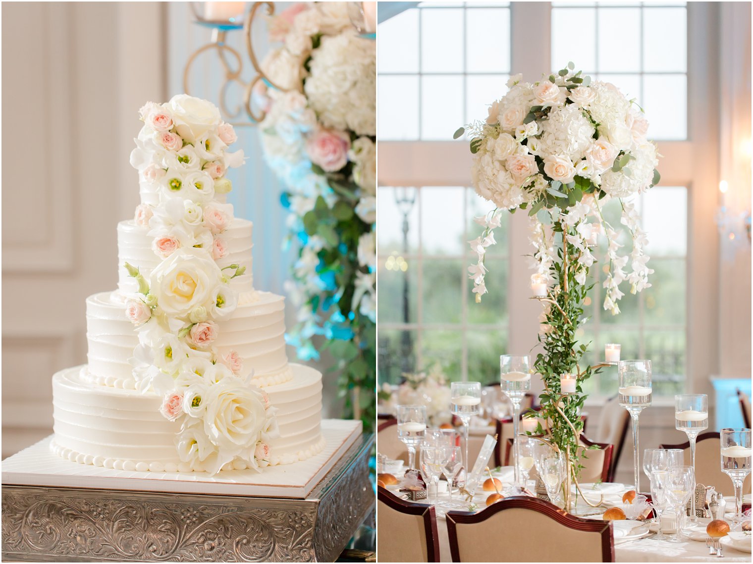 tiered wedding cake by Palermo's Bakery and tall floral ivory and green centerpieces by Crest Florist