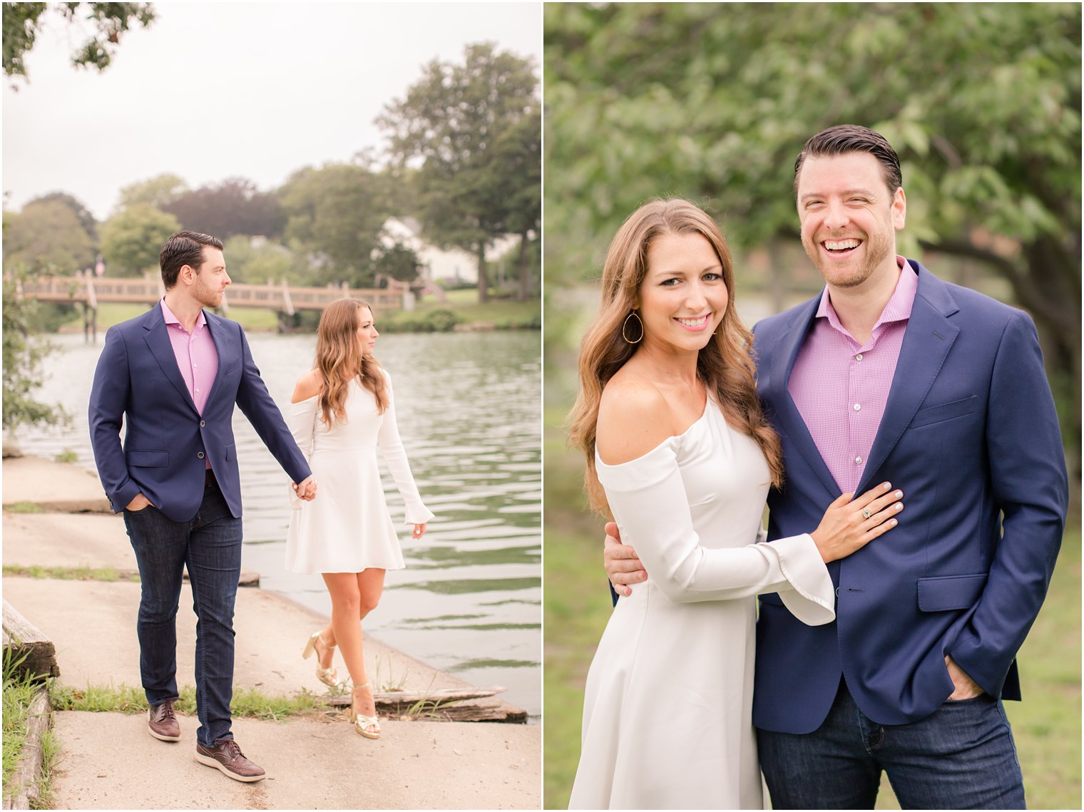 Navy suit and white dress clothing inspiration for Spring Lake NJ Engagement session