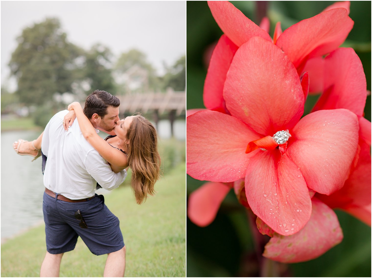 diamond ring in red flower during Spring Lake NJ Engagement session