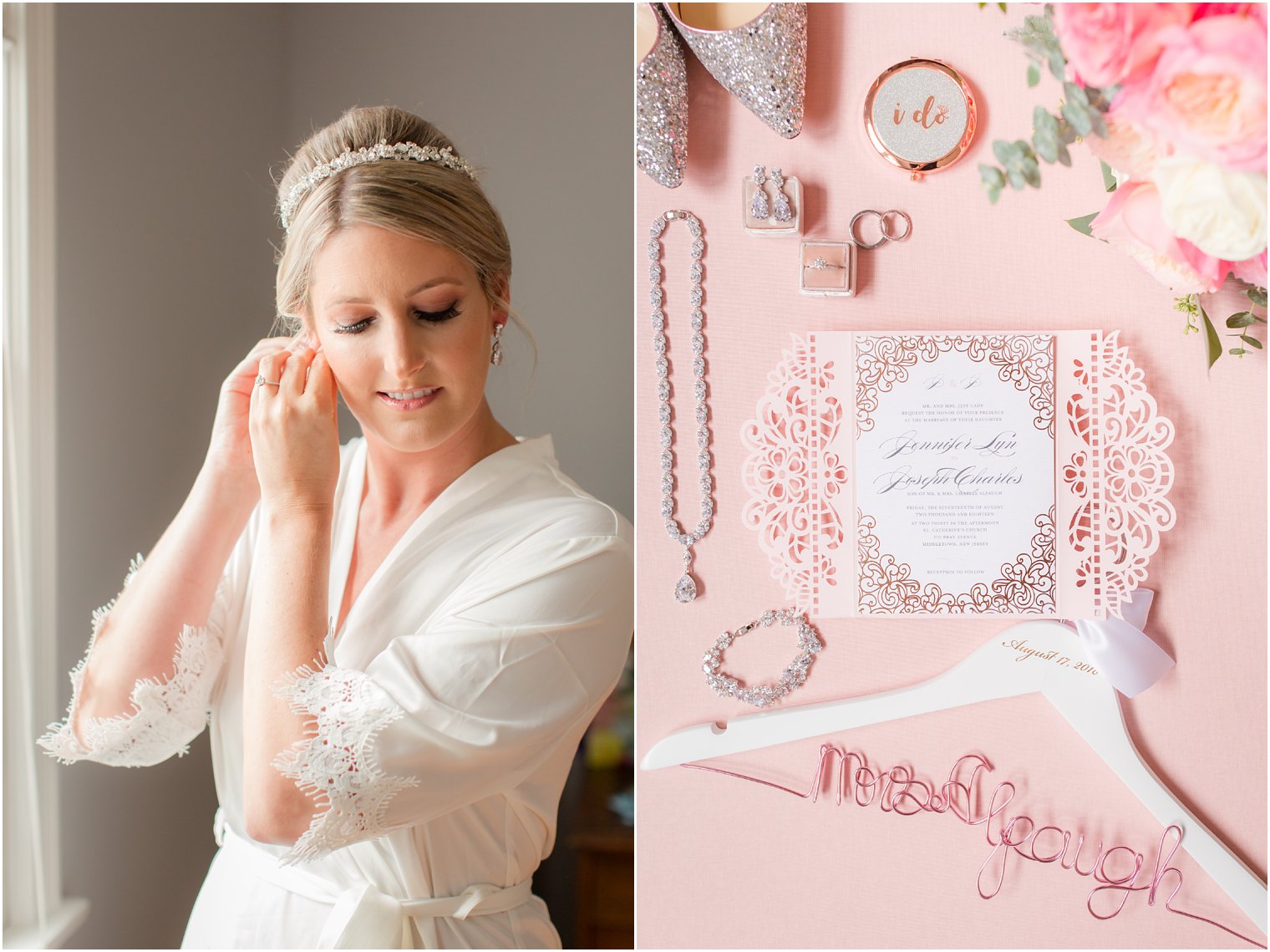 bride gets ready for Palace at Somerset Park wedding and pink lace Shutterfly invitations