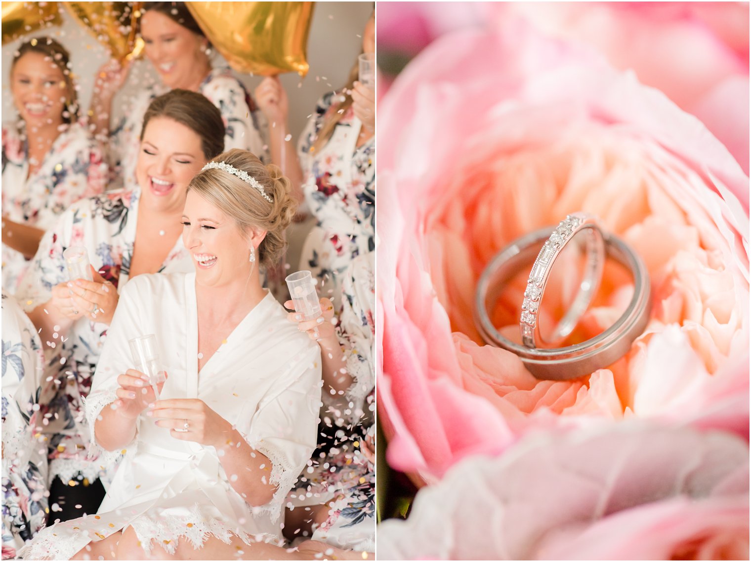 joyful bride laughing at confetti with wedding bands on pink peonies