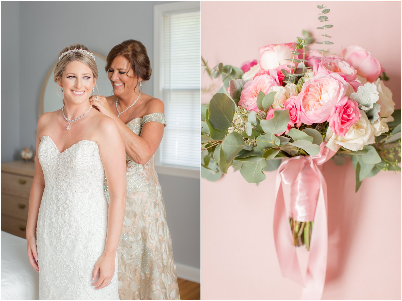 mother helps bride put necklace on and pink peony wedding bouquet by Ashley's Floral Beauty