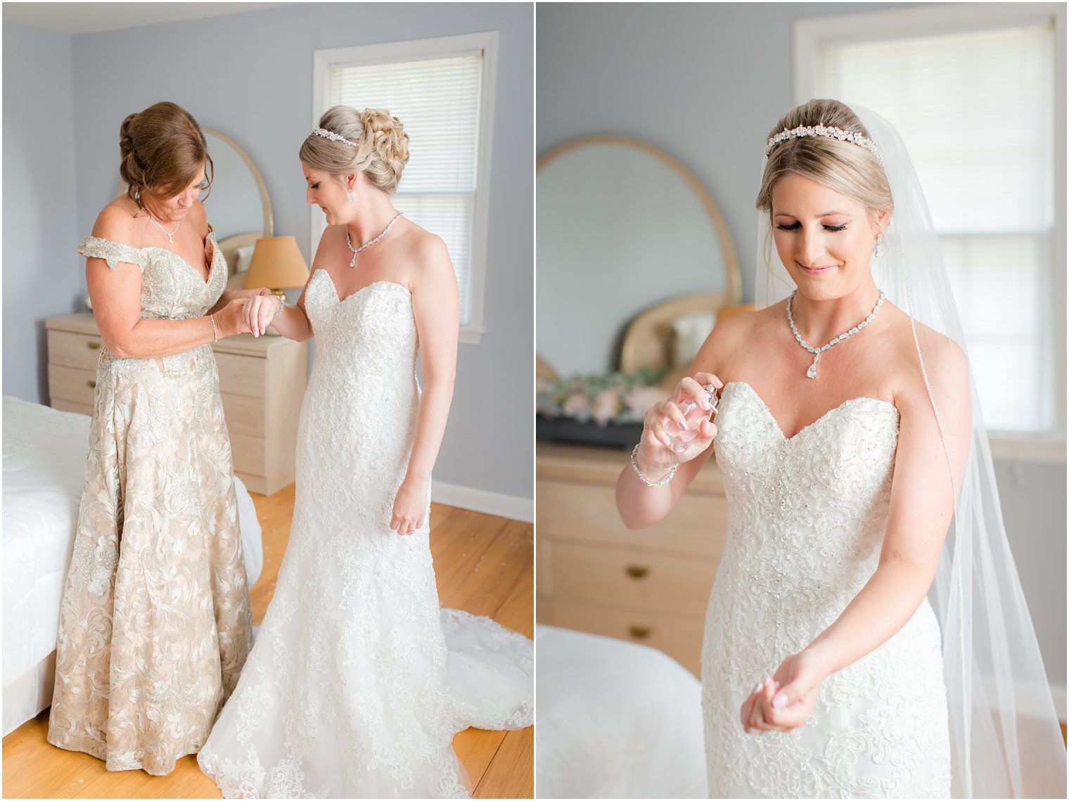 mother helps bride with bracelet and puts on perfume before Palace at Somerset Park wedding