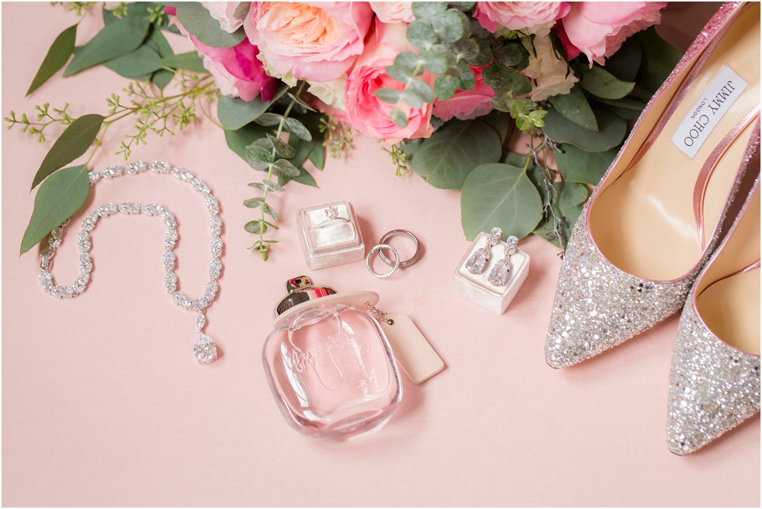 silver jewelry and pink wedding details with Jimmy Choo shoes for Palace at Somerset Park wedding