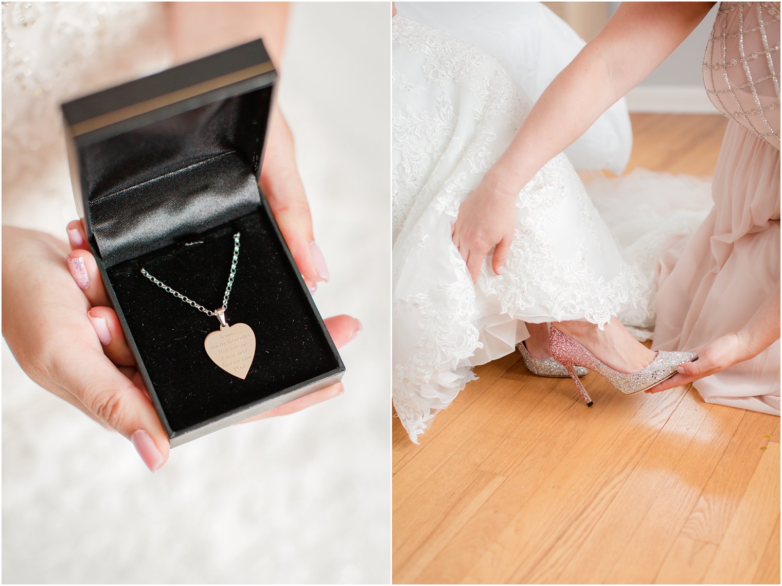 silver heart necklace and Jimmy Choo shoes put on bride's feet before Palace at Somerset Park photographed by Idalia Photography
