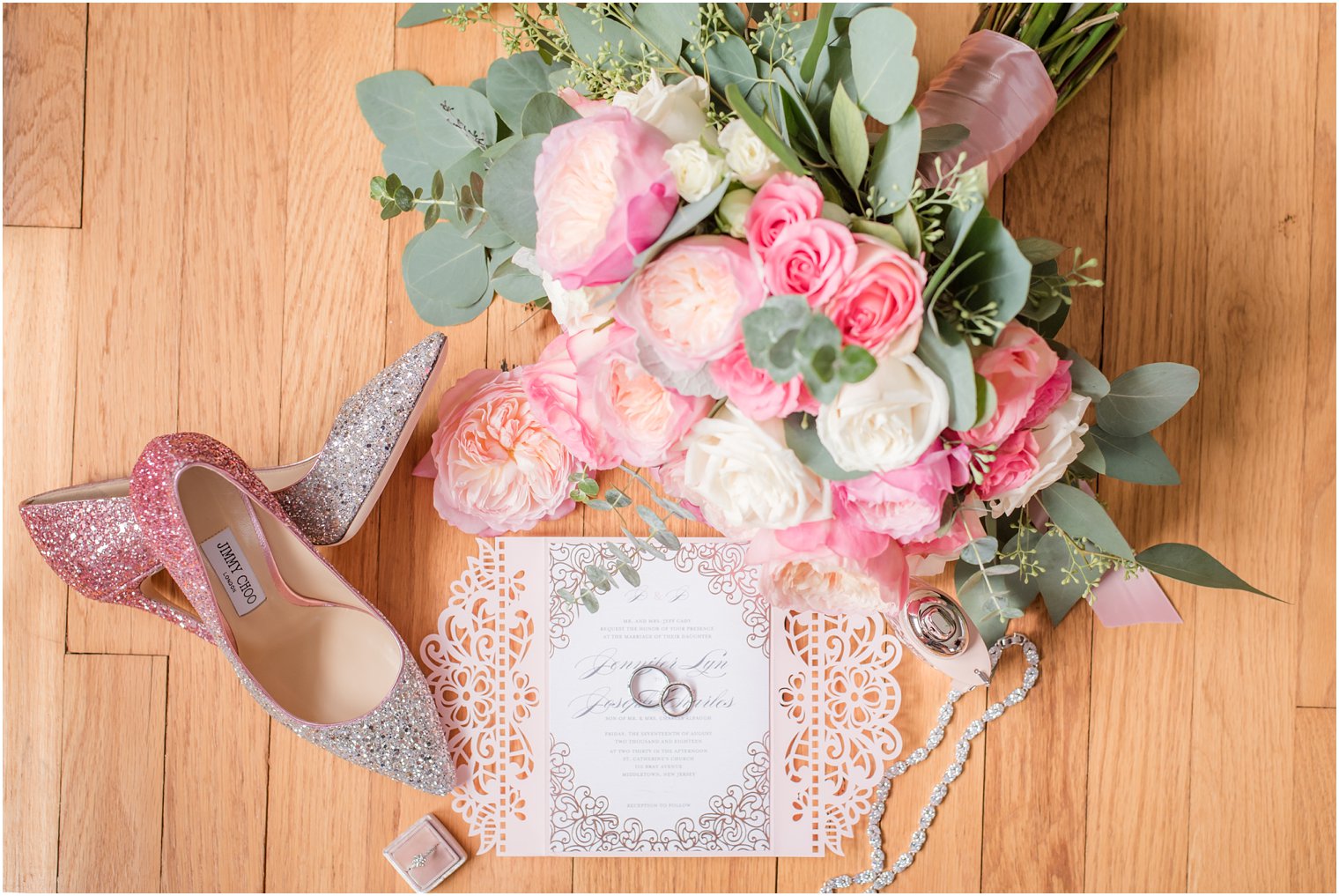 Jimmy Choo ombre shoes with pink peony wedding bouquet by Ashley's Floral Beauty and invitations by Shutterfly