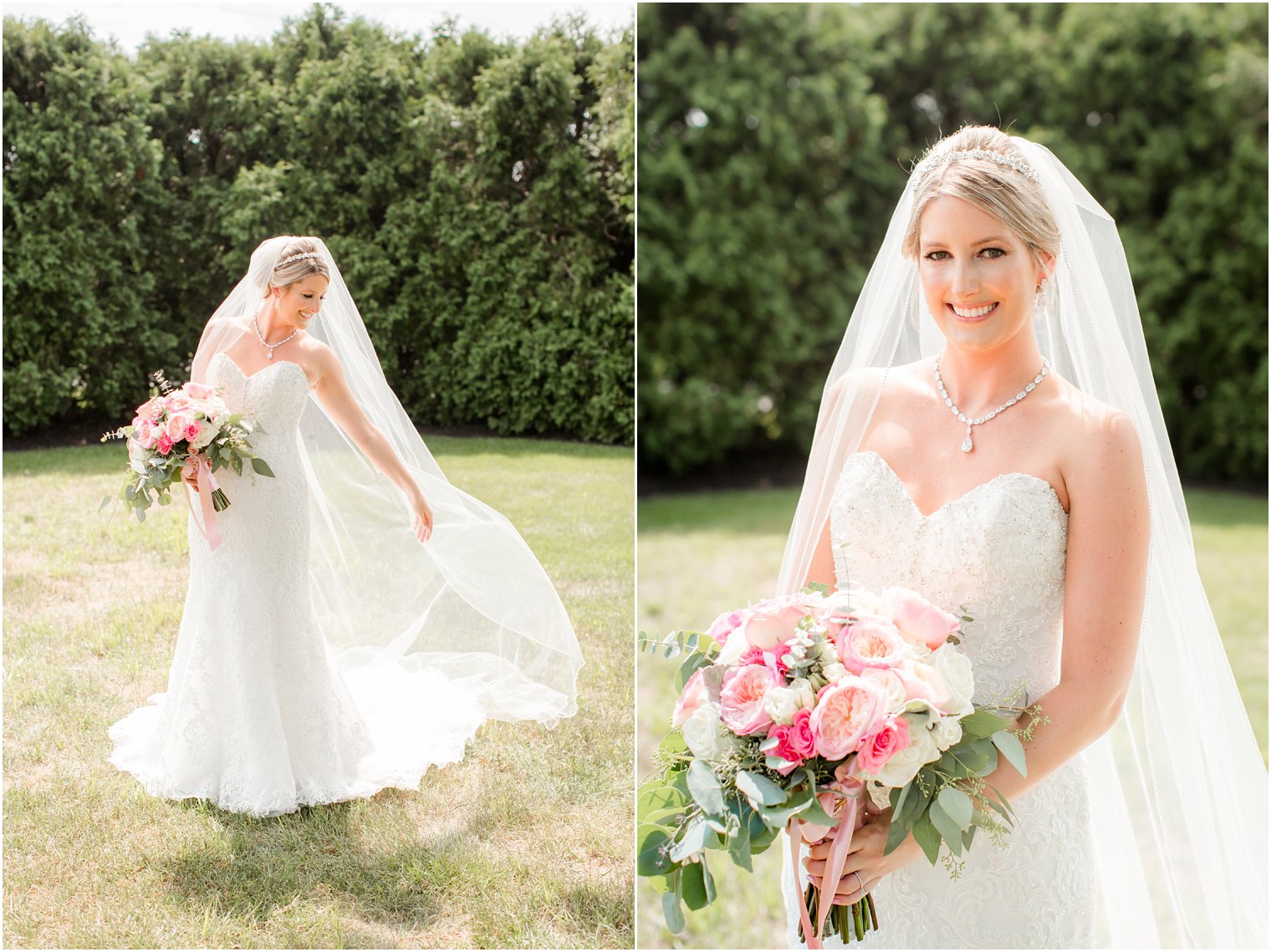 summer bridal portrait of bride before Palace at Somerset Park wedding in NJ with pink peony wedding bouquet