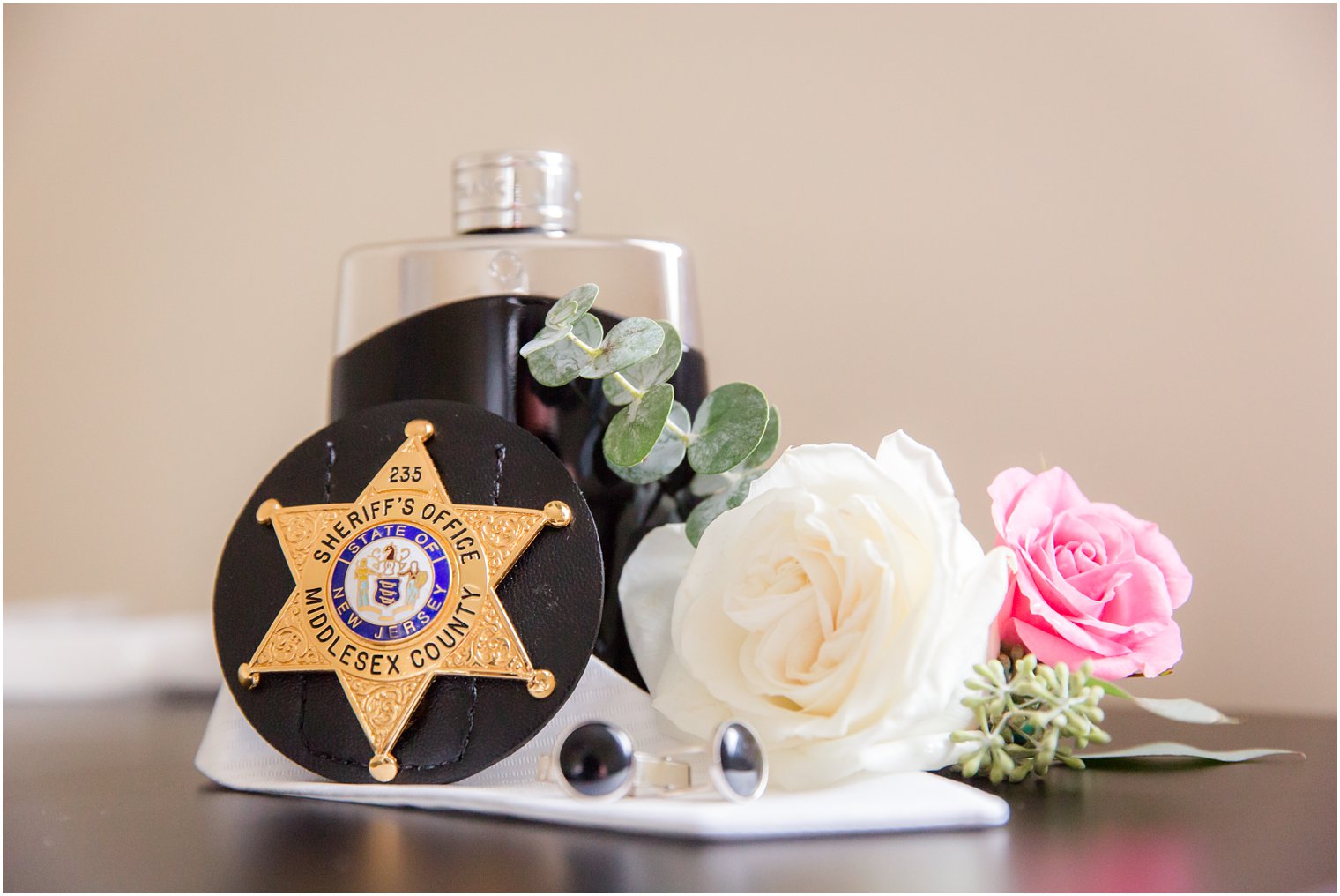 groom's details with sheriff badge for Middlesex Co. before Palace at Somerset Park wedding day