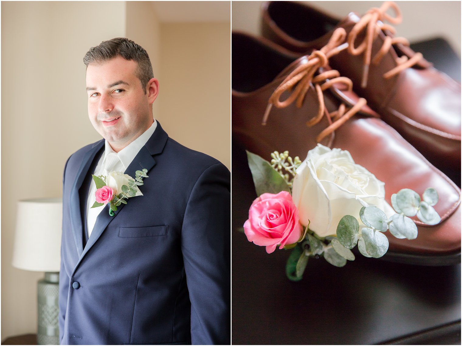 groom in navy suit with pink and ivory wedding boutonnière by Ashley's Floral Beauty