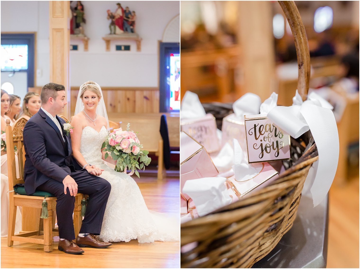 bride and groom during Somerset NJ wedding day with tissues for guests at wedding