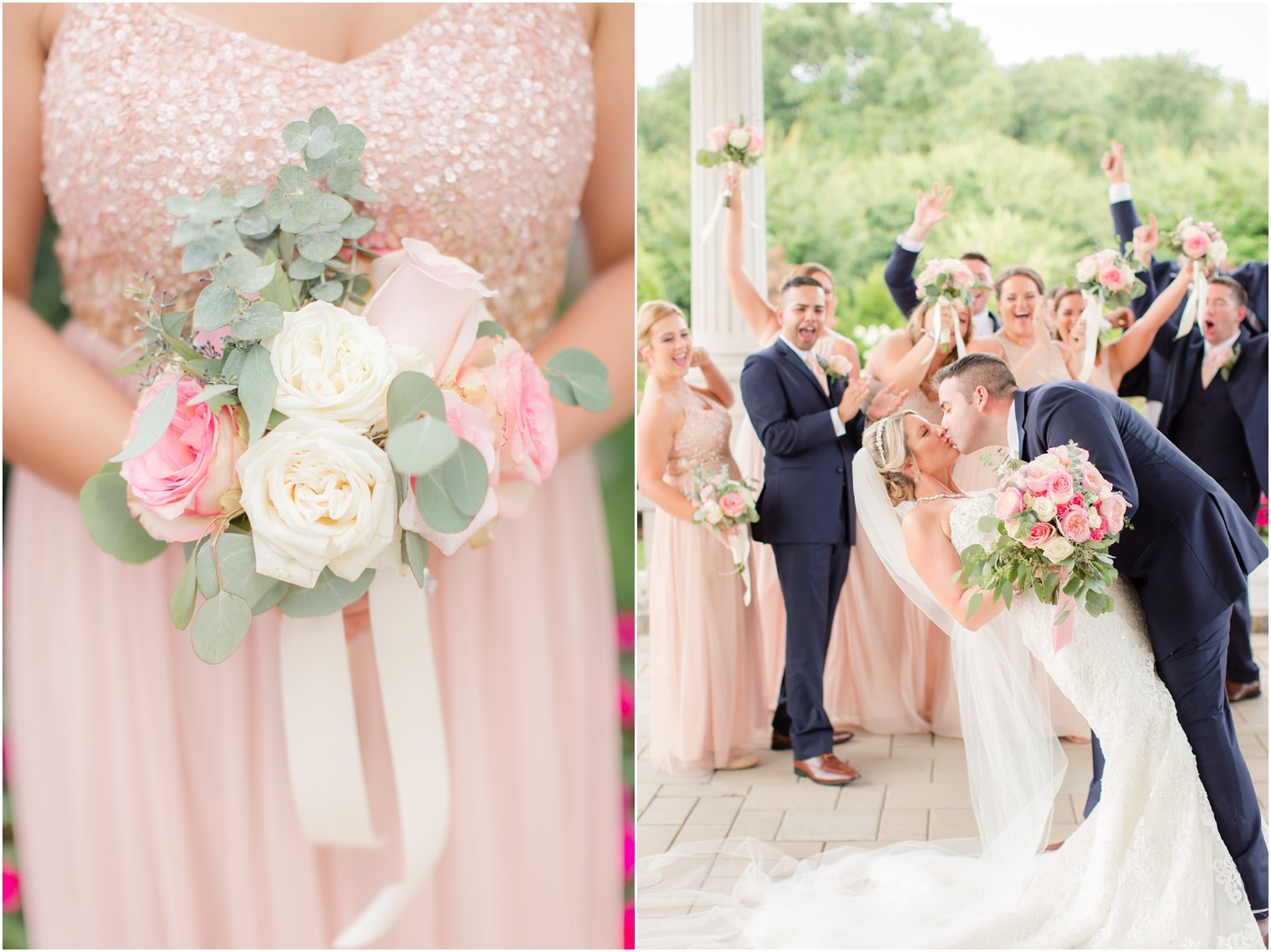 pink and ivory rose bridesmaid bouquet by Ashley's Floral Beauty with bride and groom kiss in front of wedding party