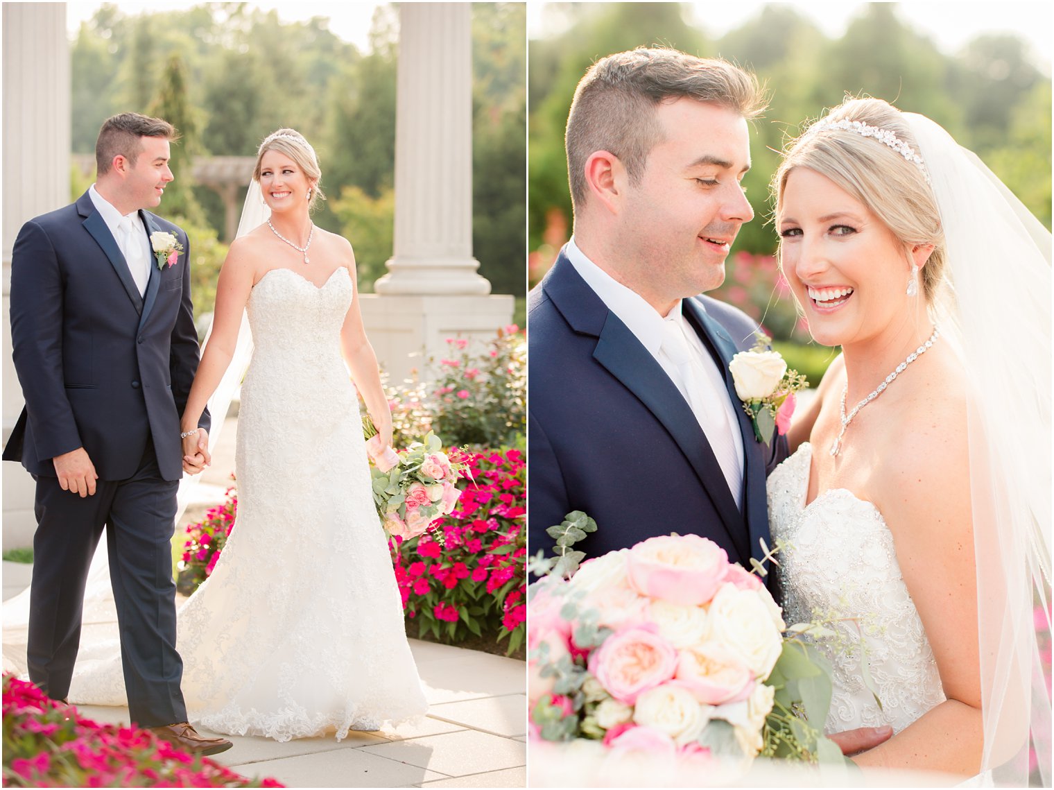 joyful bride and groom in gardens at Palace at Somerset Park in NJ 