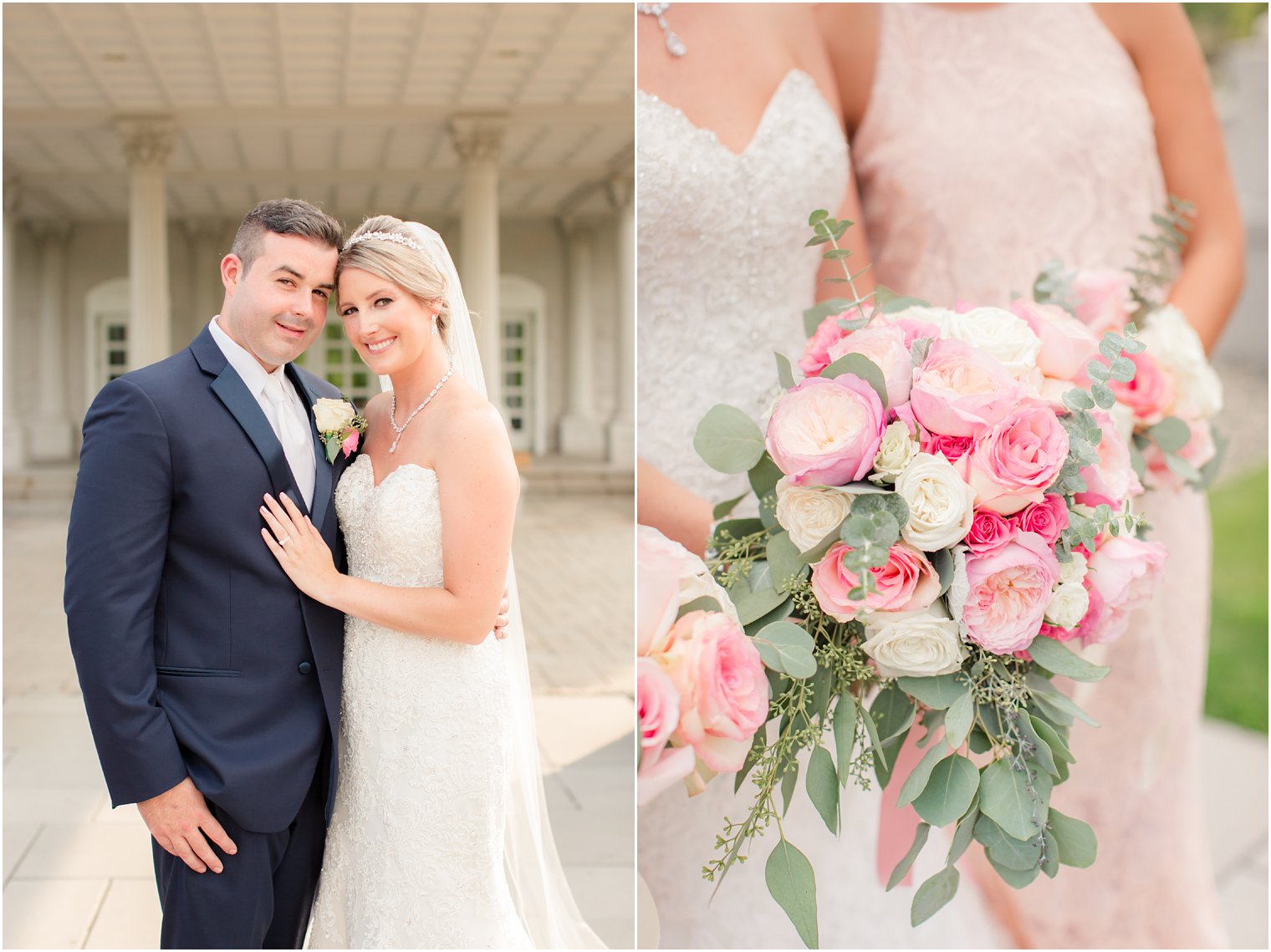 newly married couple with pink and green wedding bouquet by Ashley's Floral Beauty