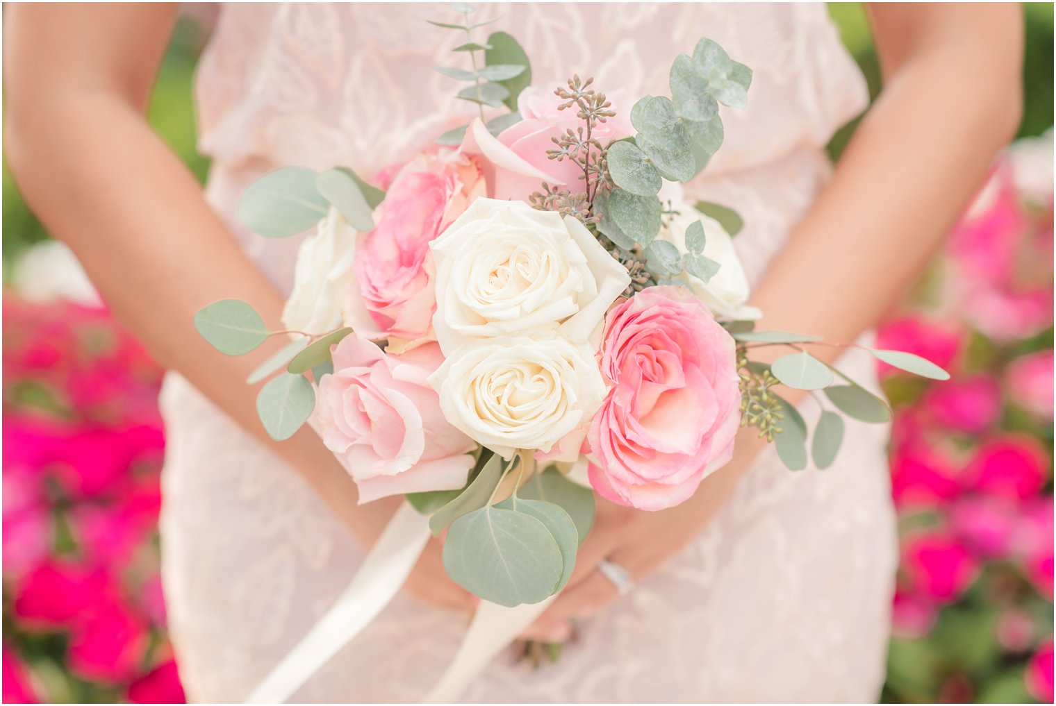 small ivory rose and pink rose bouquet for bridesmaid by Ashley's Floral Beauty