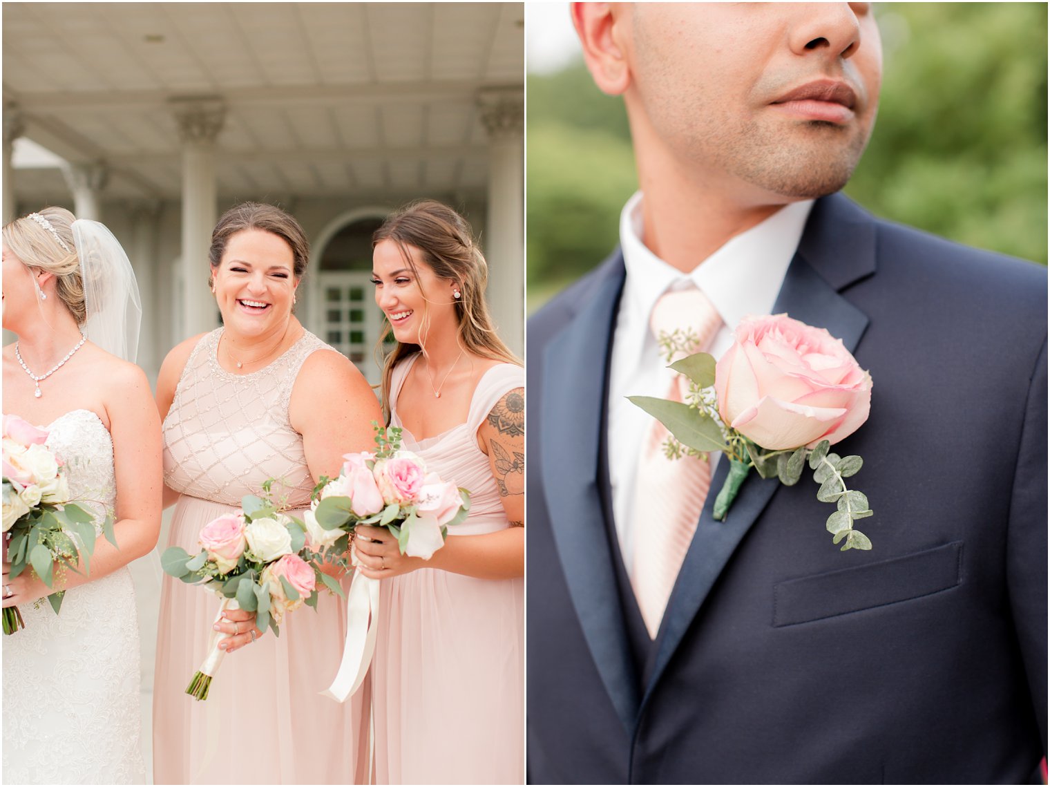 bridesmaids in pink gowns by Adrianna Papell with pink boutonniere for groomsmen at the Palace at Somerset Park