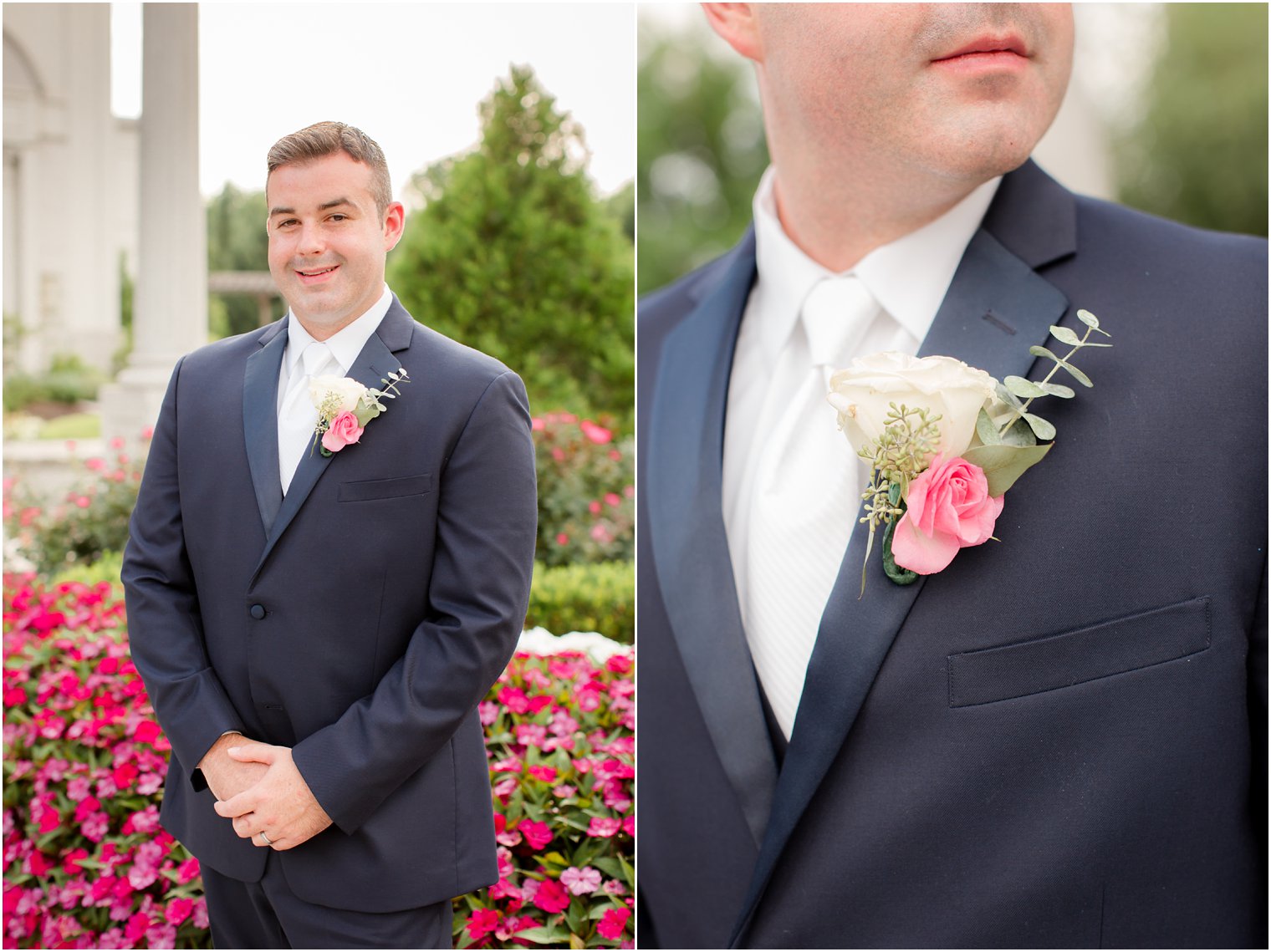 groom in navy suit with pink and ivory wedding boutonnière by Ashley's Floral Beauty