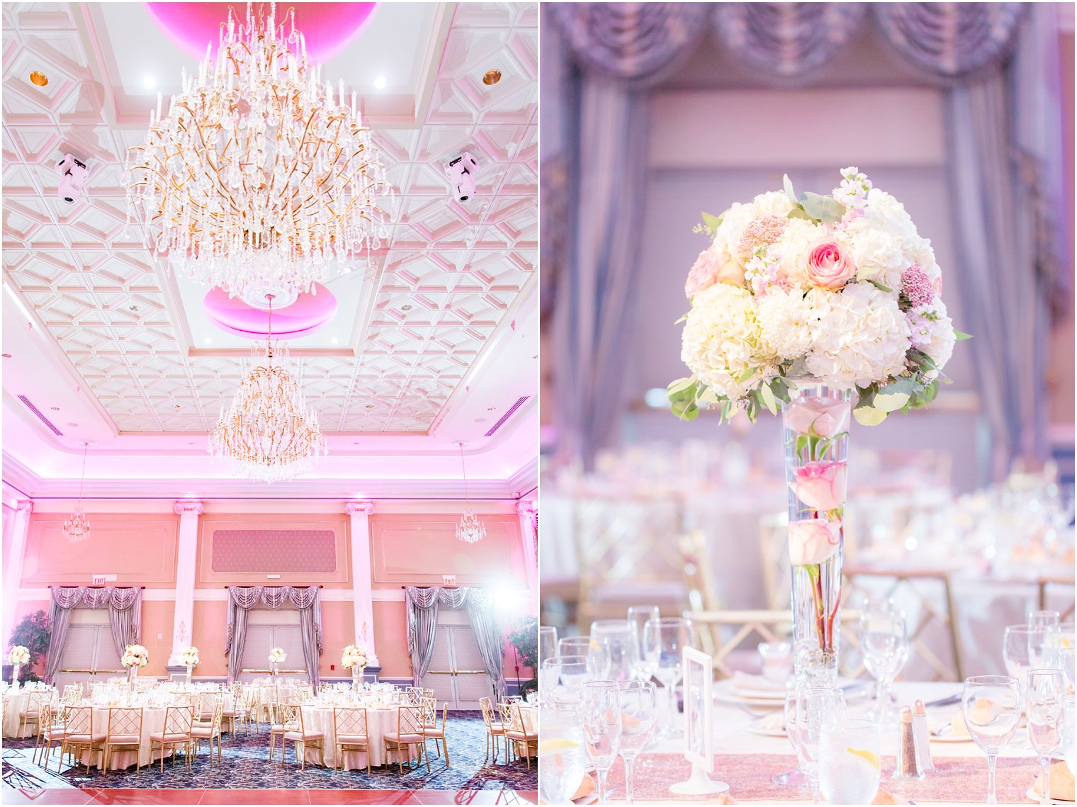 reception hall with pink uplighting at the Palace at Somerset Park and ivory floral centerpieces by Ashley's Floral Beauty