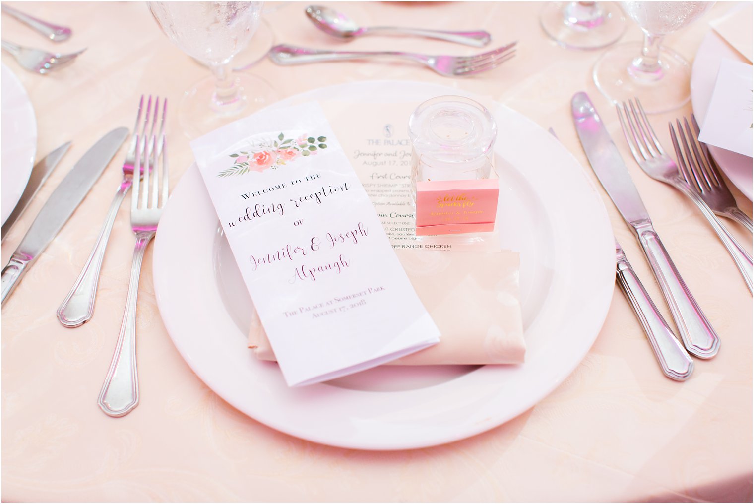 elegant place setting for reception at the Palace at Somerset Park in New Jersey