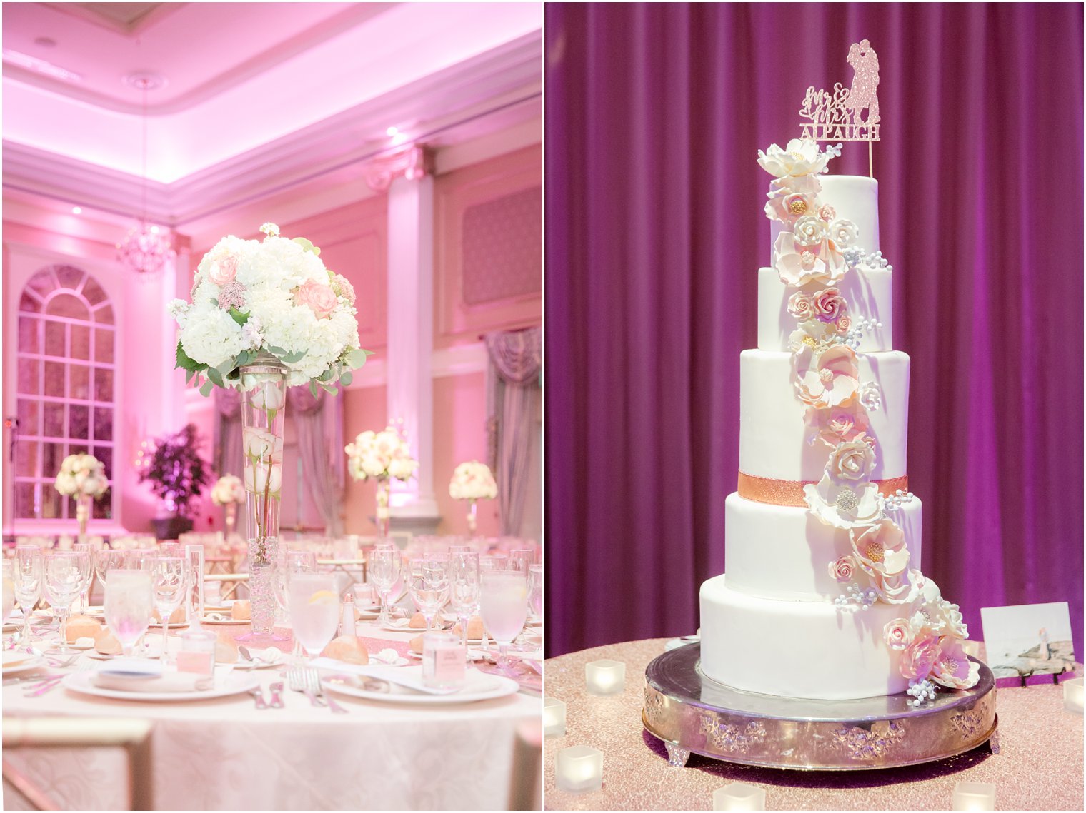 floral centerpieces at the Palace at Somerset Park and ivory wedding cake with flowers photographed by Idalia Photography