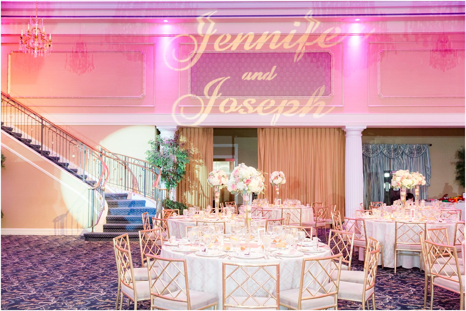 reception hall with uplighting and names in light at the Palace at Somerset Park