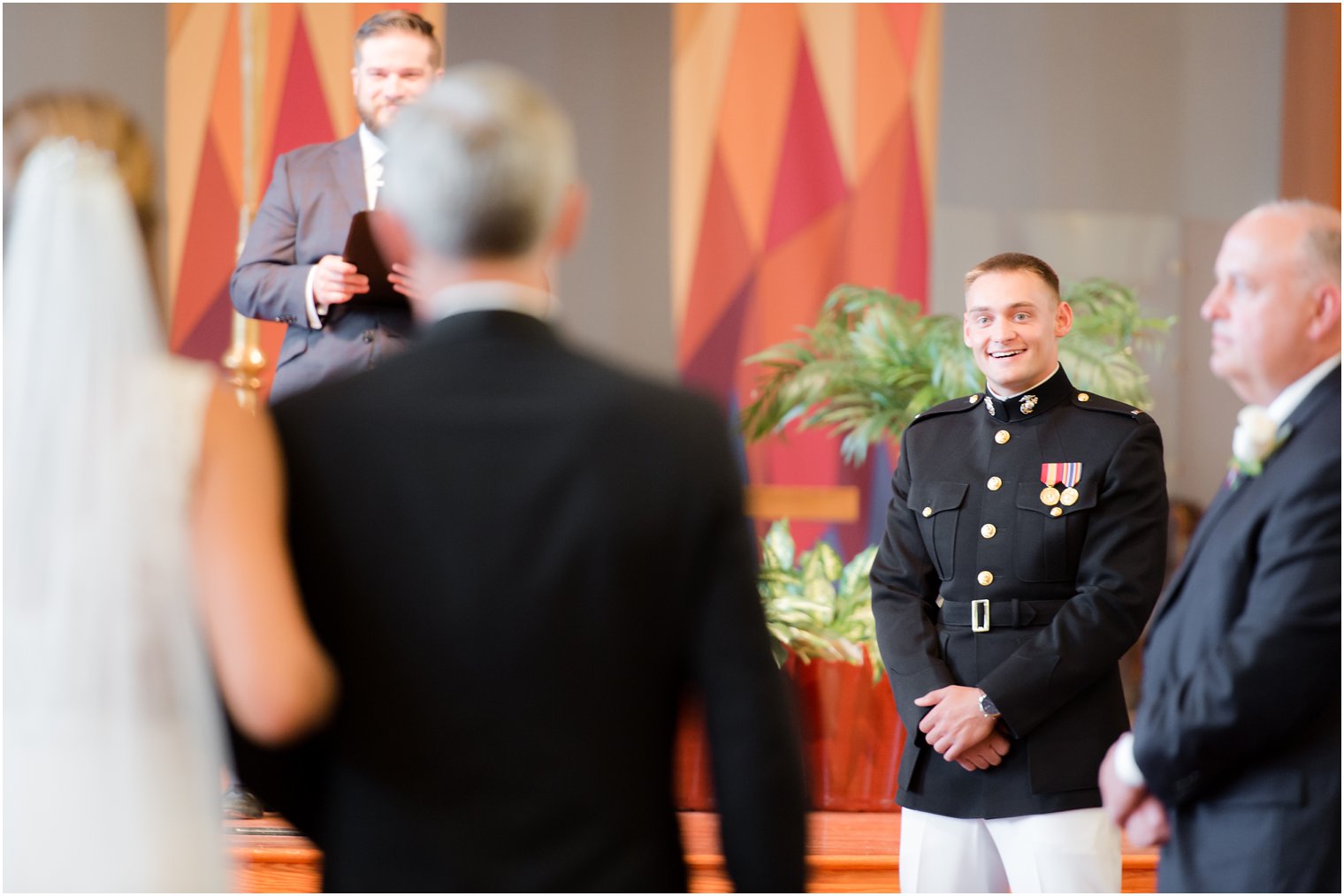 groom sees bride for first time coming down aisle at Princeton Meadow Church