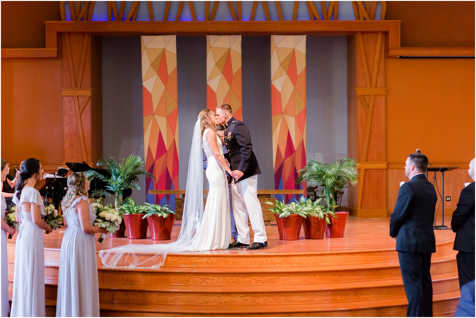 bride and groom's first kiss at Princeton Meadow Chapel in NJ 