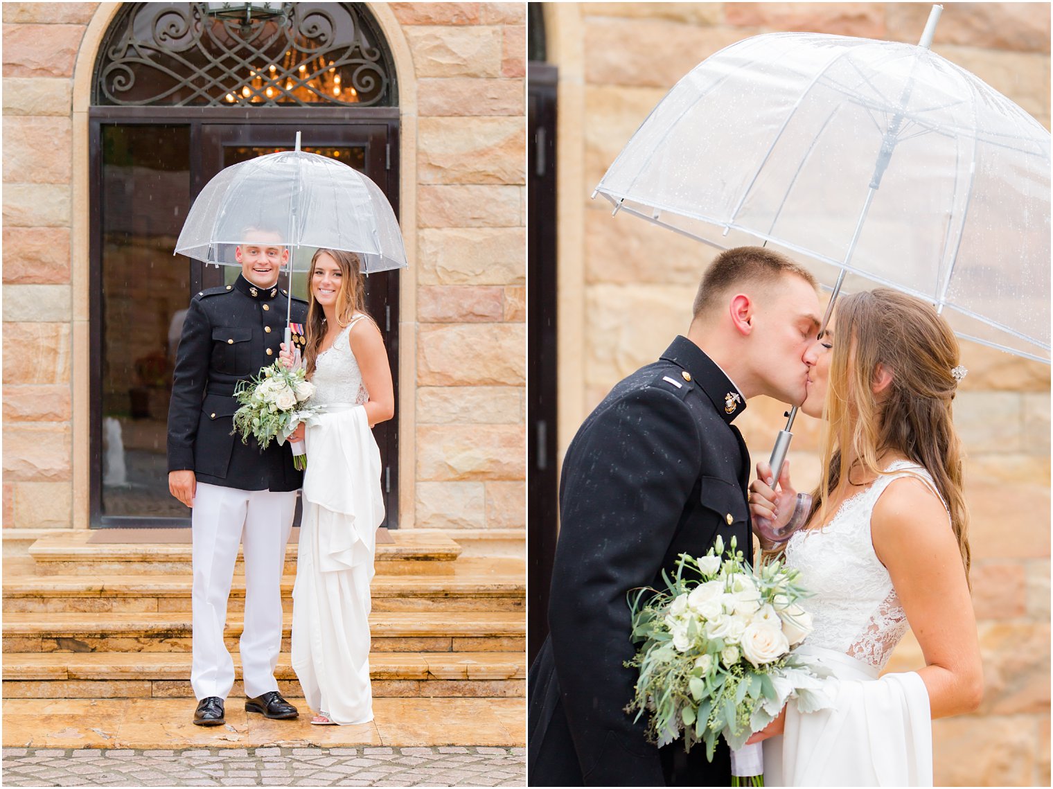 bride and groom kiss under umbrella at Jasna Polana in NJ on wedding day