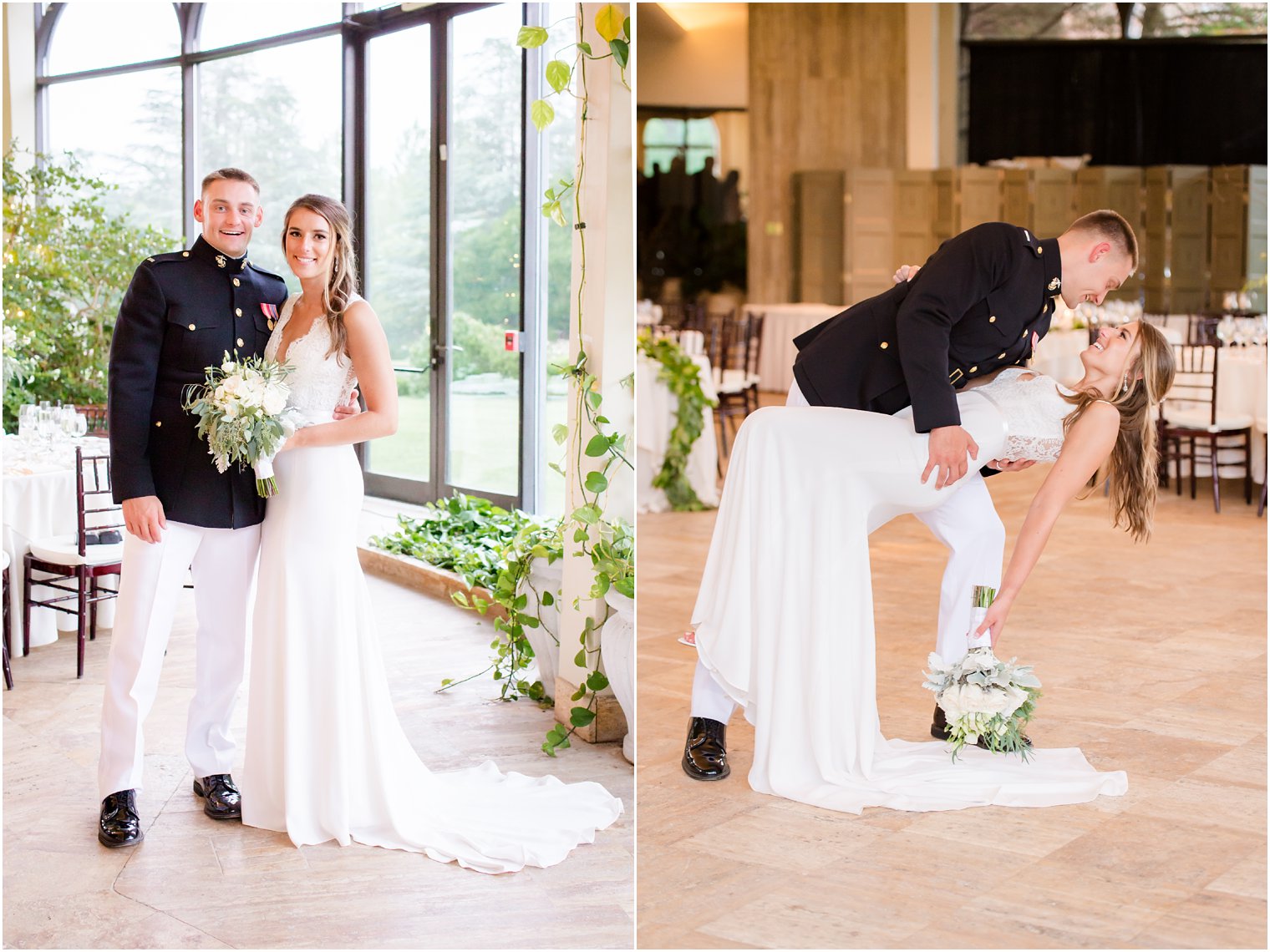 bride and groom pose in reception room at Jasna Polana during rainy day wedding