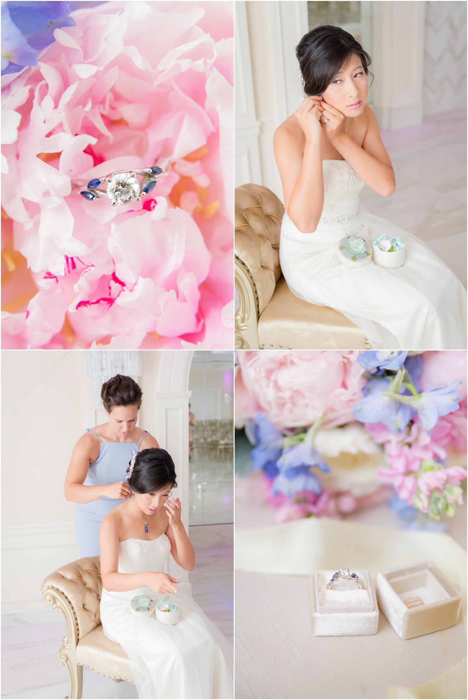 Diamond ring on pink florals while bride gets ready for wedding day at The Bethwood