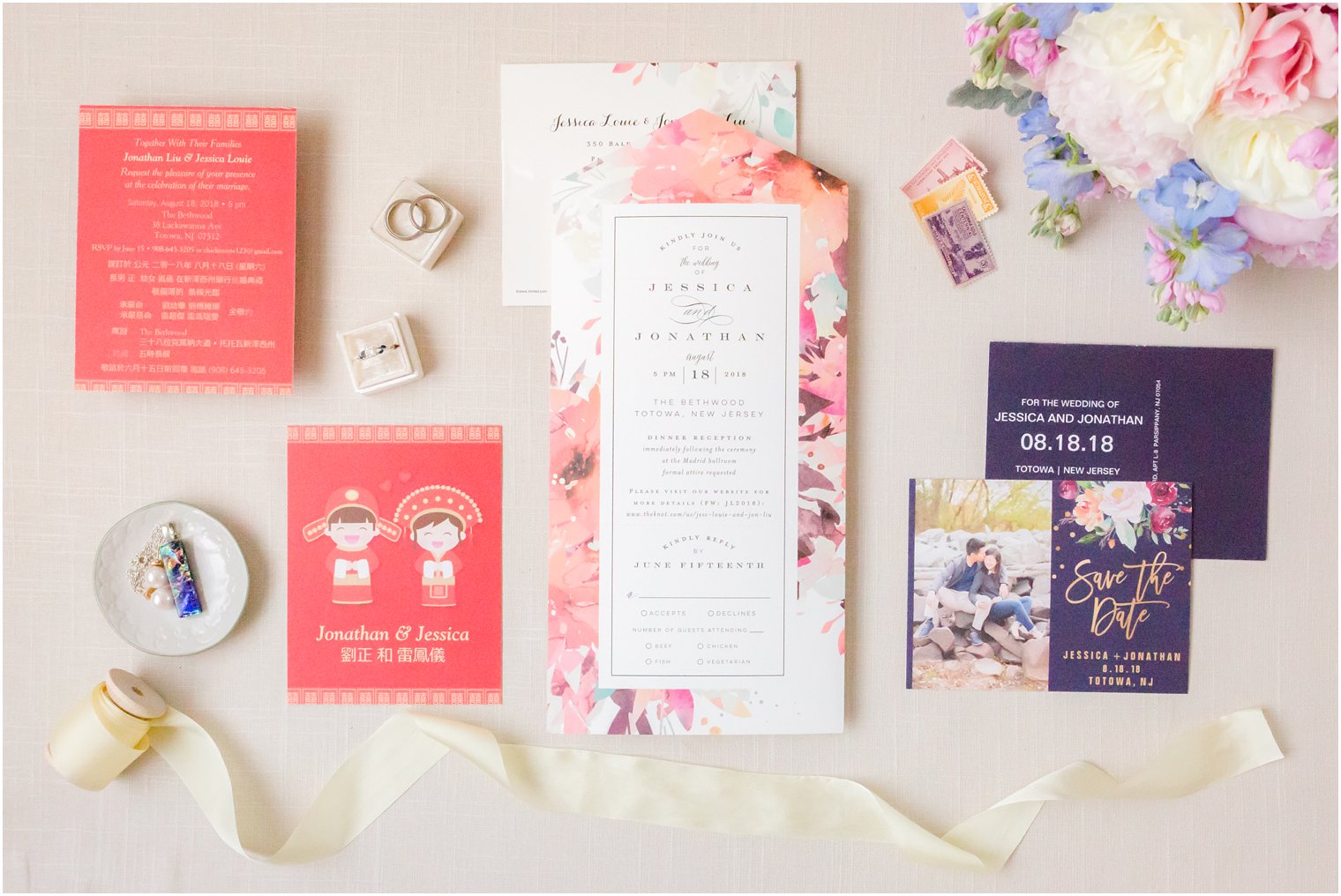 Coral and plum wedding invitation suite by Minted