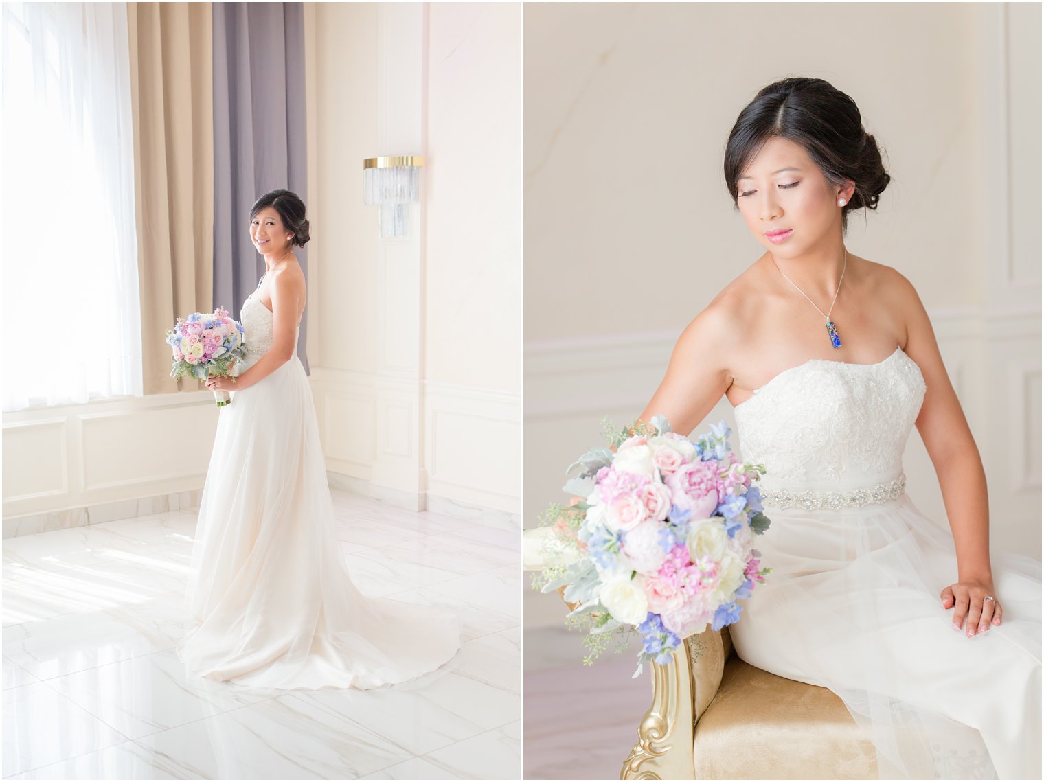 Elegant bridal portrait with light pink and purple florals at The Bethwood