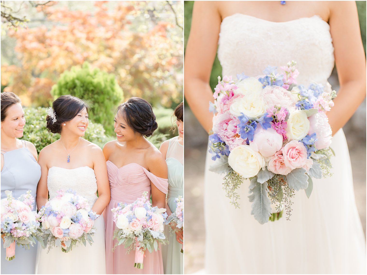 Ivory, pink rose and purple wedding bouquet by Secret Garden