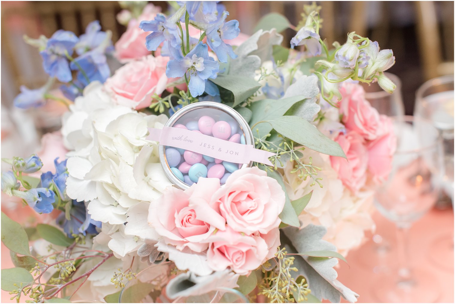 pink and purple M&M wedding favors at The Bethwood