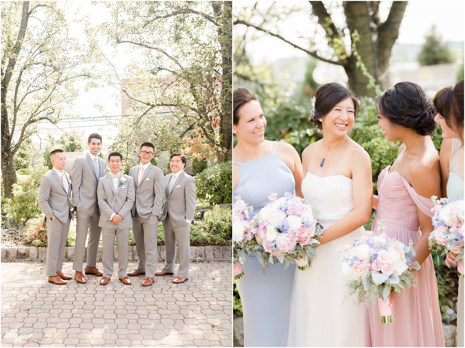 Groom with groomsmen in grey suits and bride with bridesmaids in pastel dresses at The Bethwood