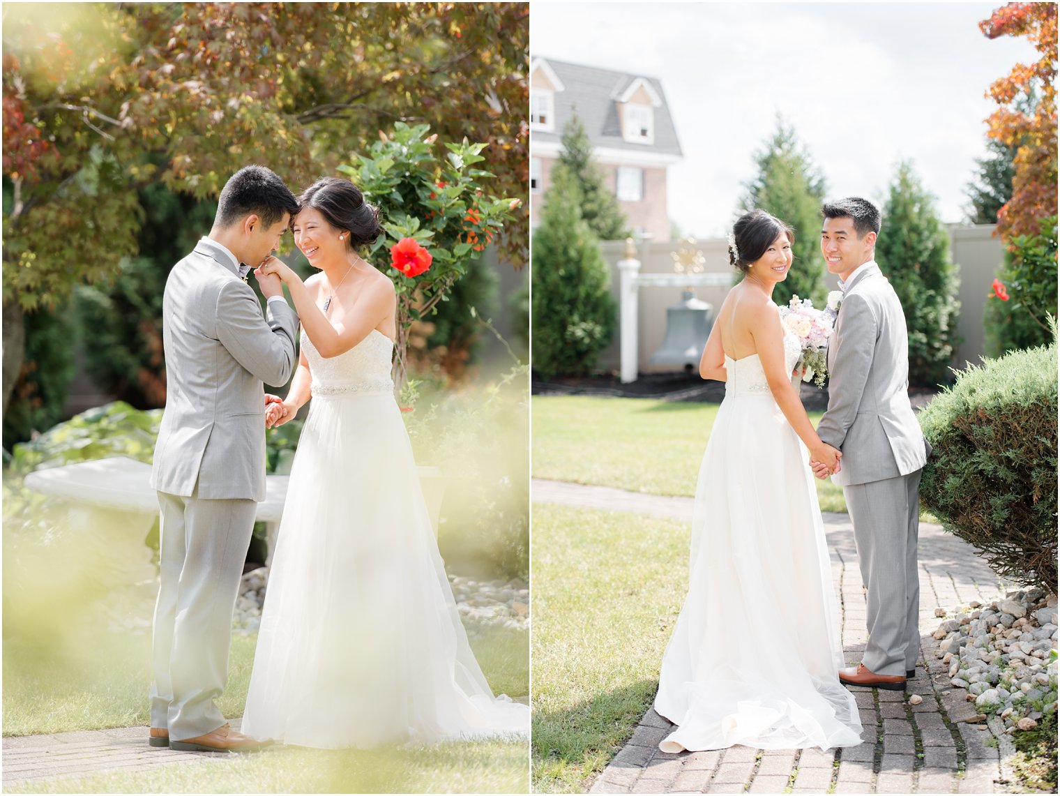 Groom gives bride a kiss during wedding portraits outside The Bethwood
