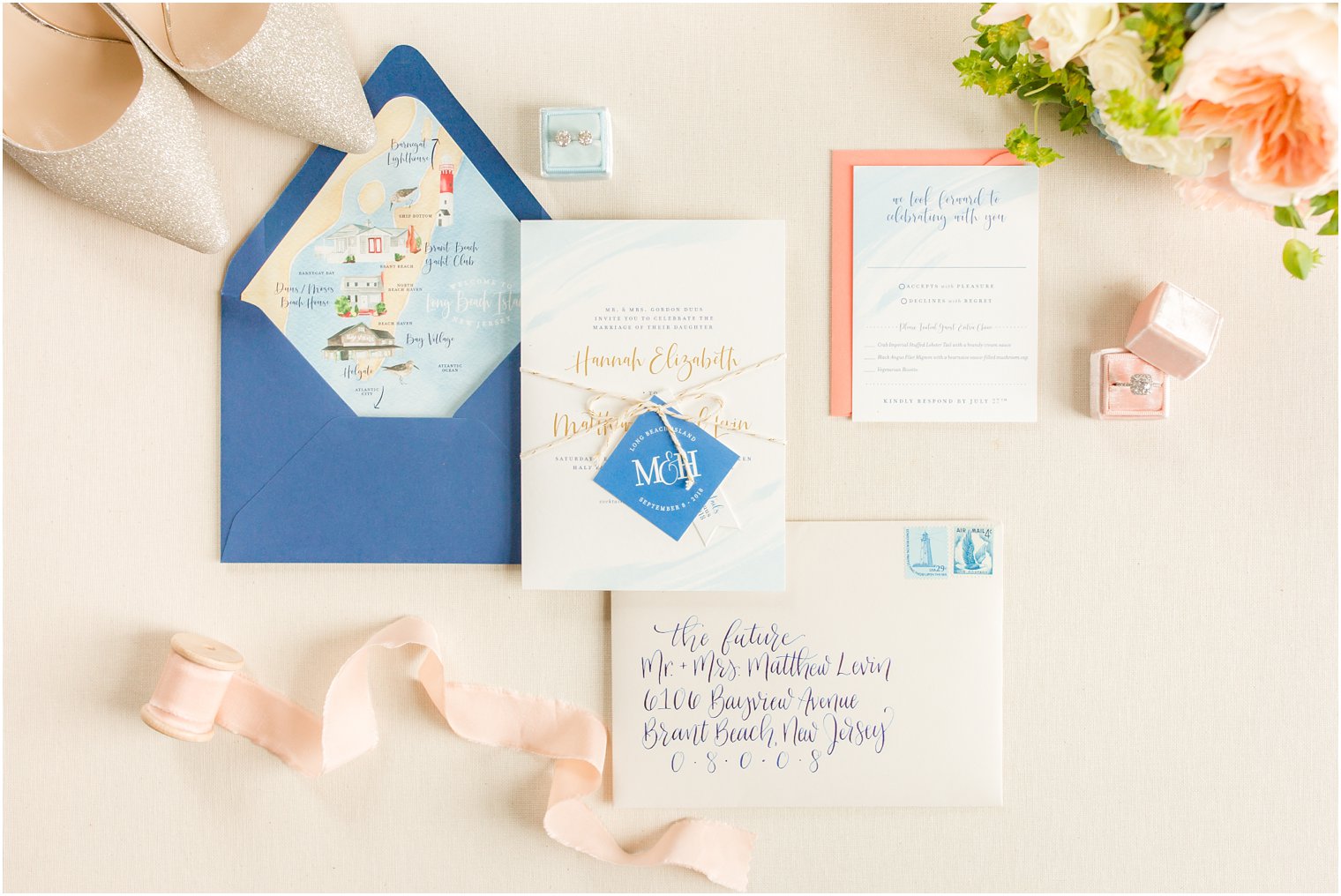 Navy and peach wedding paper suite by Crisp by Britt 