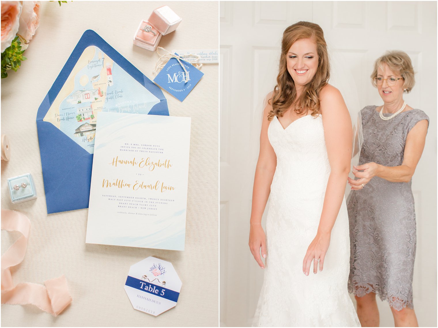 mother helps bride into Romano Keveza wedding dress photographed by LBI wedding photographer Idalia Photography