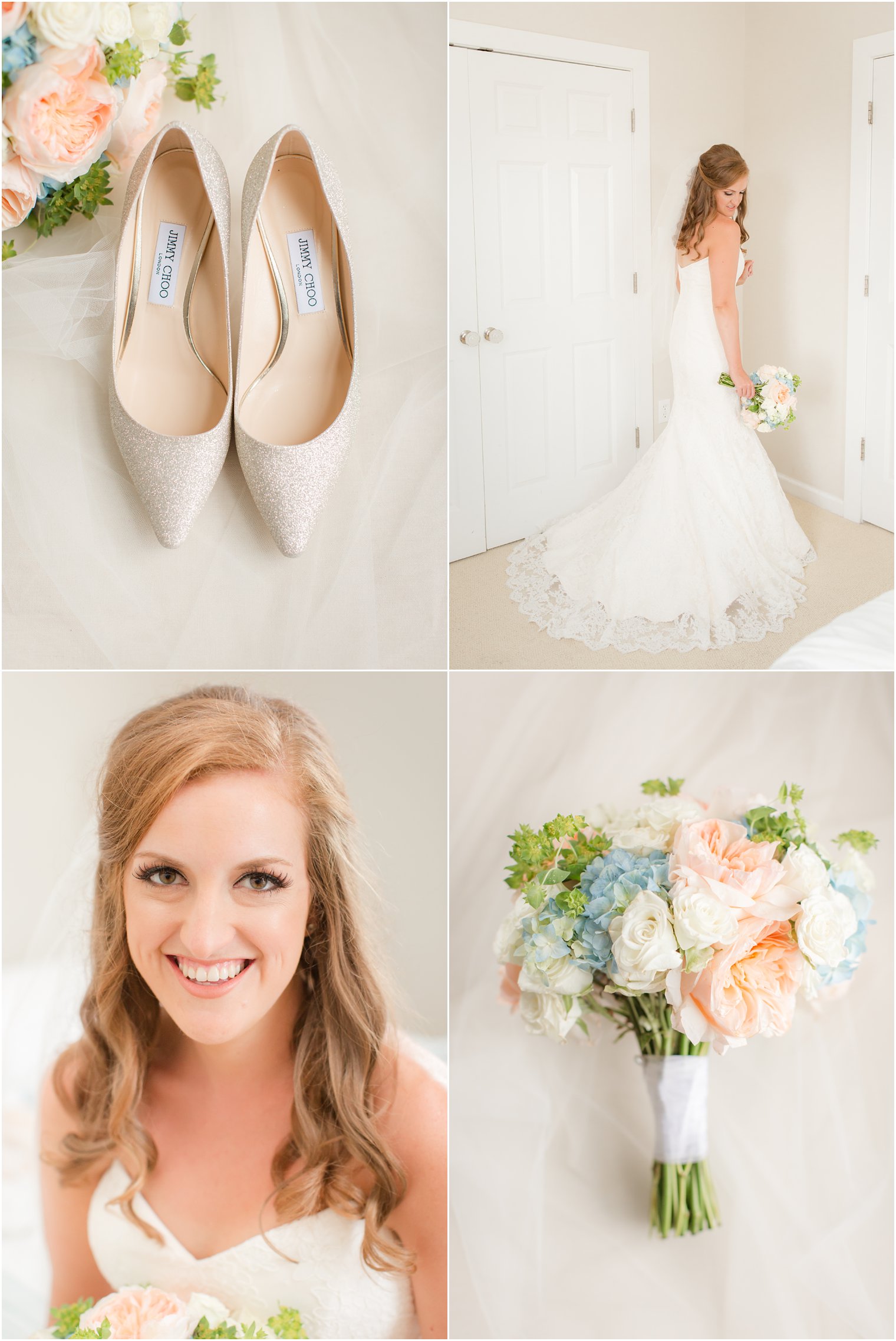 sparkle Jimmy Choo wedding flats with bridal details for Brant Beach Yacht Club wedding day photographed by Idalia Photography