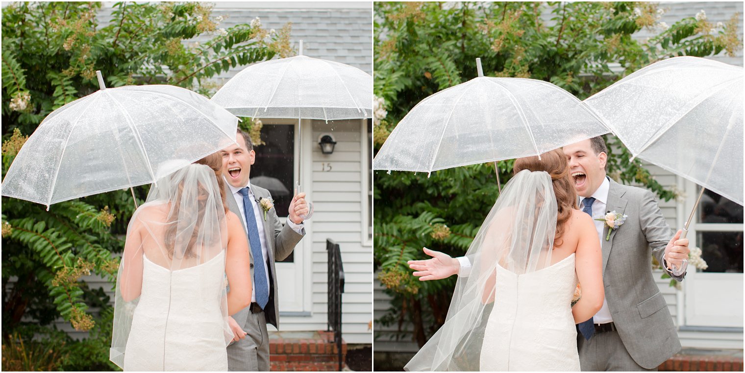 groom's reaction to bride during first look photographed by LBI wedding photographer Idalia Photography