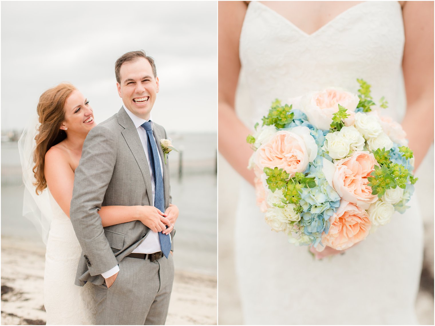 peach and blue wedding bouquet by Lily in the Valley photographed by Idalia Photography